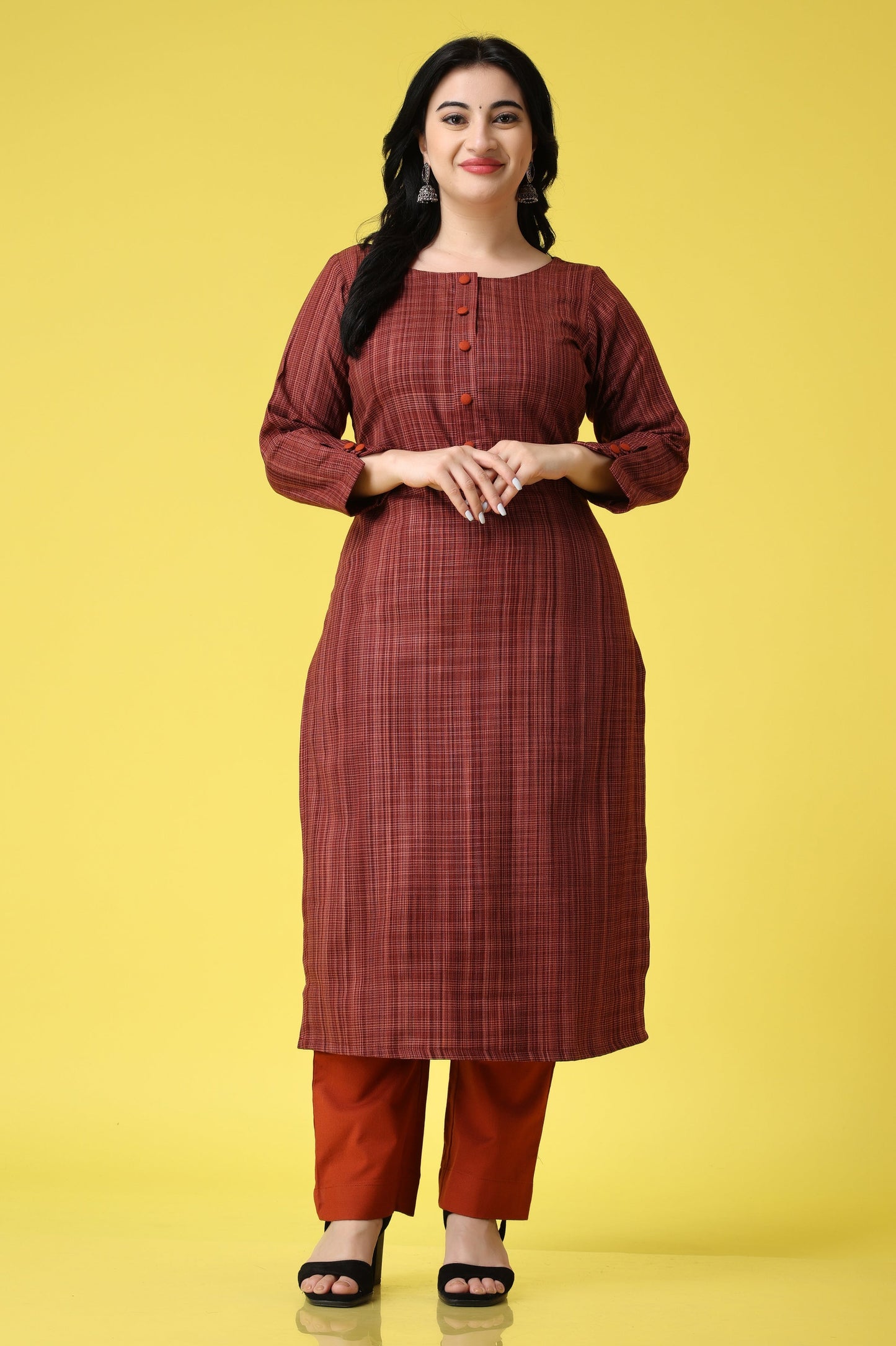 Women Plus Size Rusty Grid Woollen Kurta Pant Set