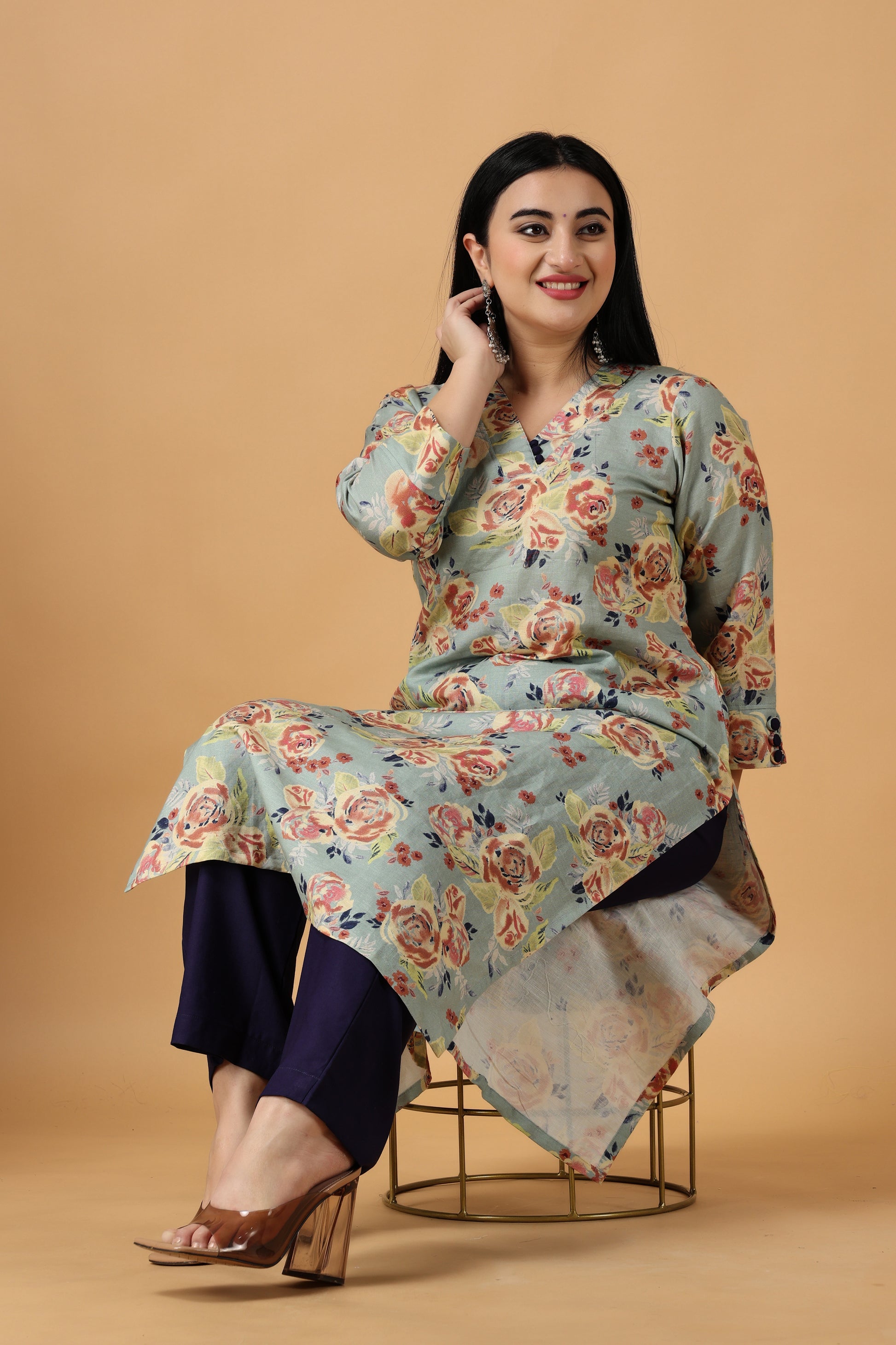 Women's Plus Size Sea Green printed cotton kurti with palazzo set | Apella