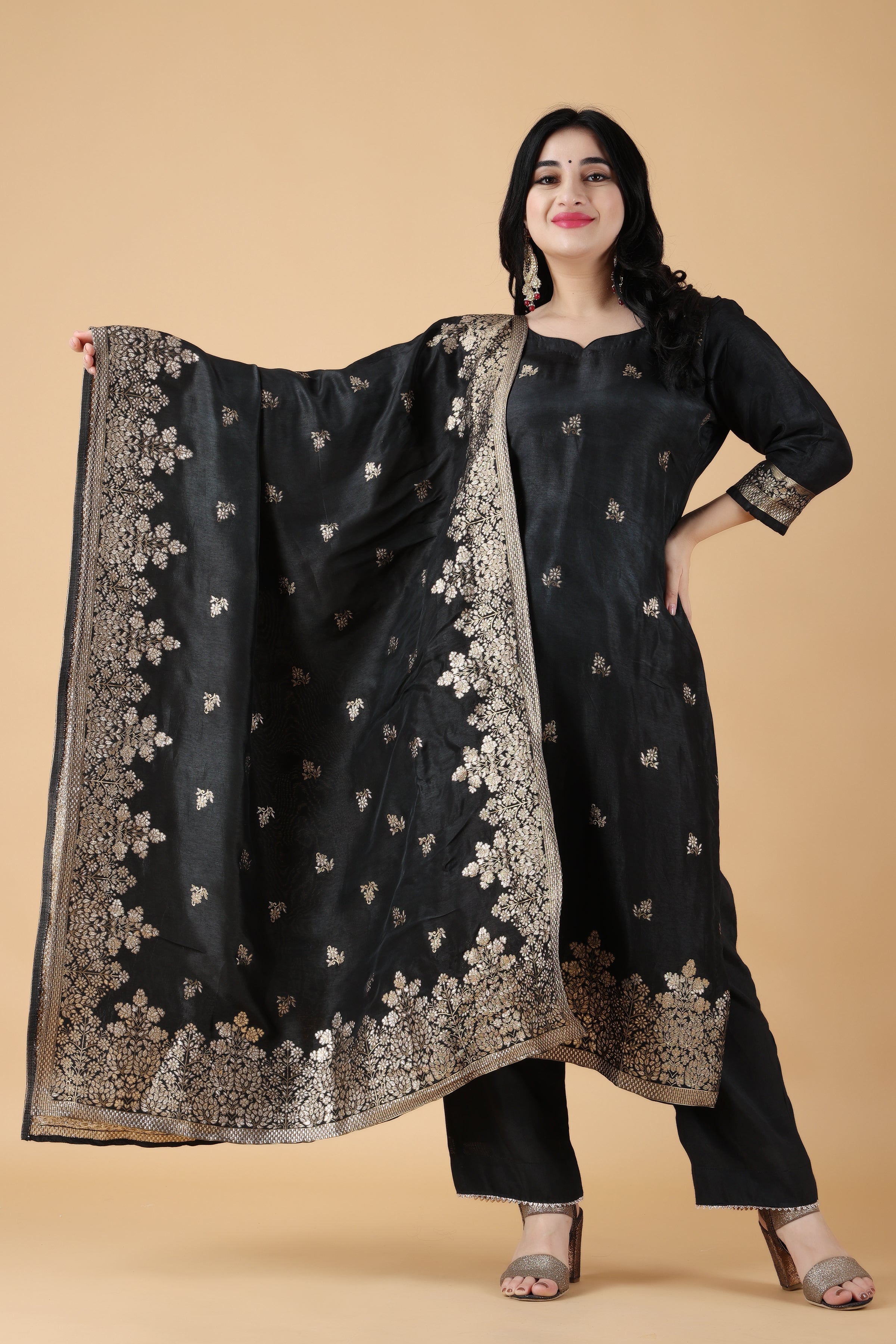 Semi-Stitched Opada Silk Suit( Black): Kundan Embroidered Kurta, Banar –  shop.pinknlime