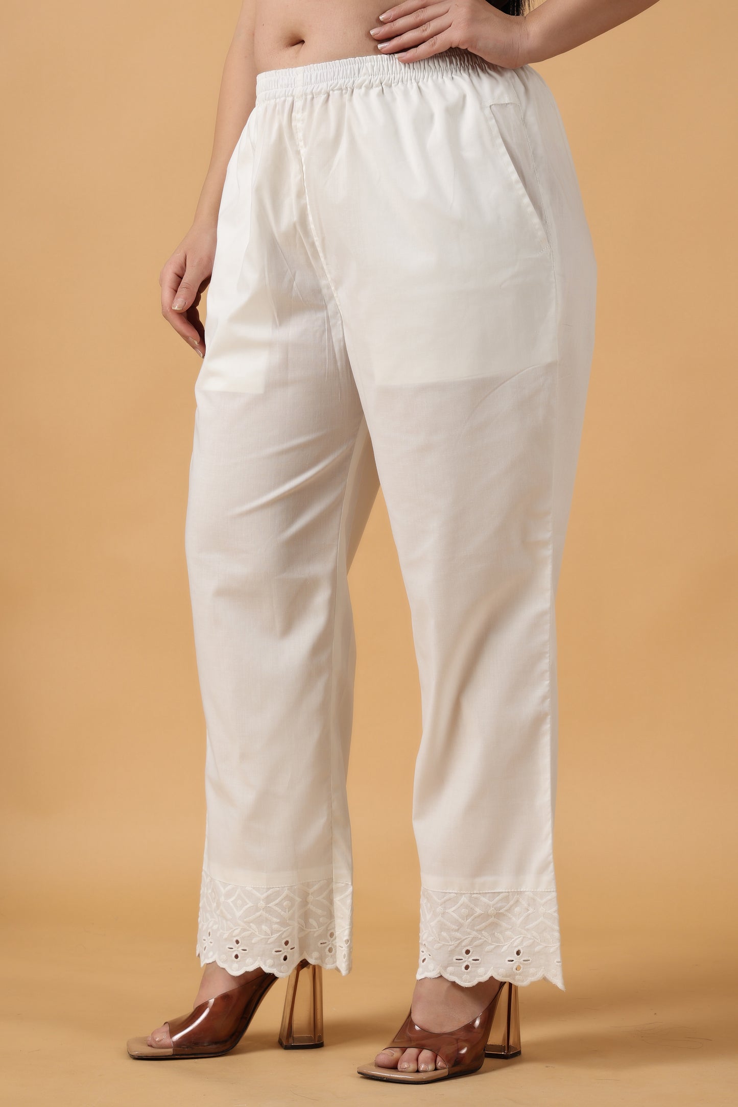 White Cotton Schiffli Pants