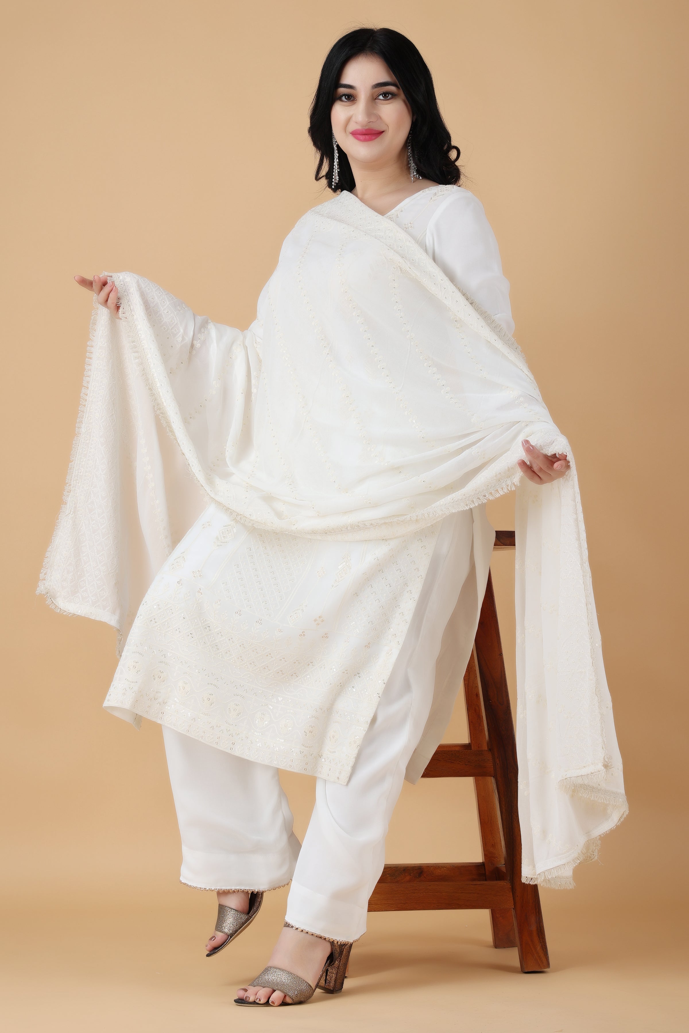 Lavangi Women's Lucknow Chikan White Modal Kurti