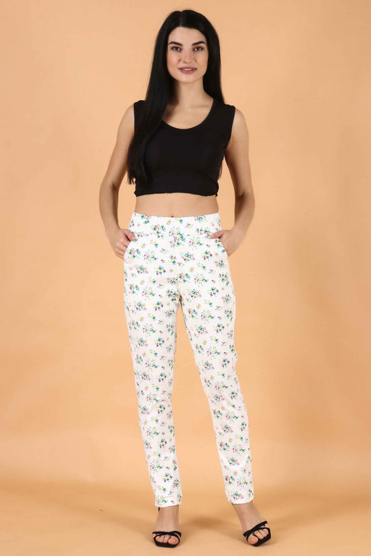 Buy Plus Size ​White Printed Lycra Pant At Apella | Sizes XS to 10 XL | India | Free Delivery | Customized