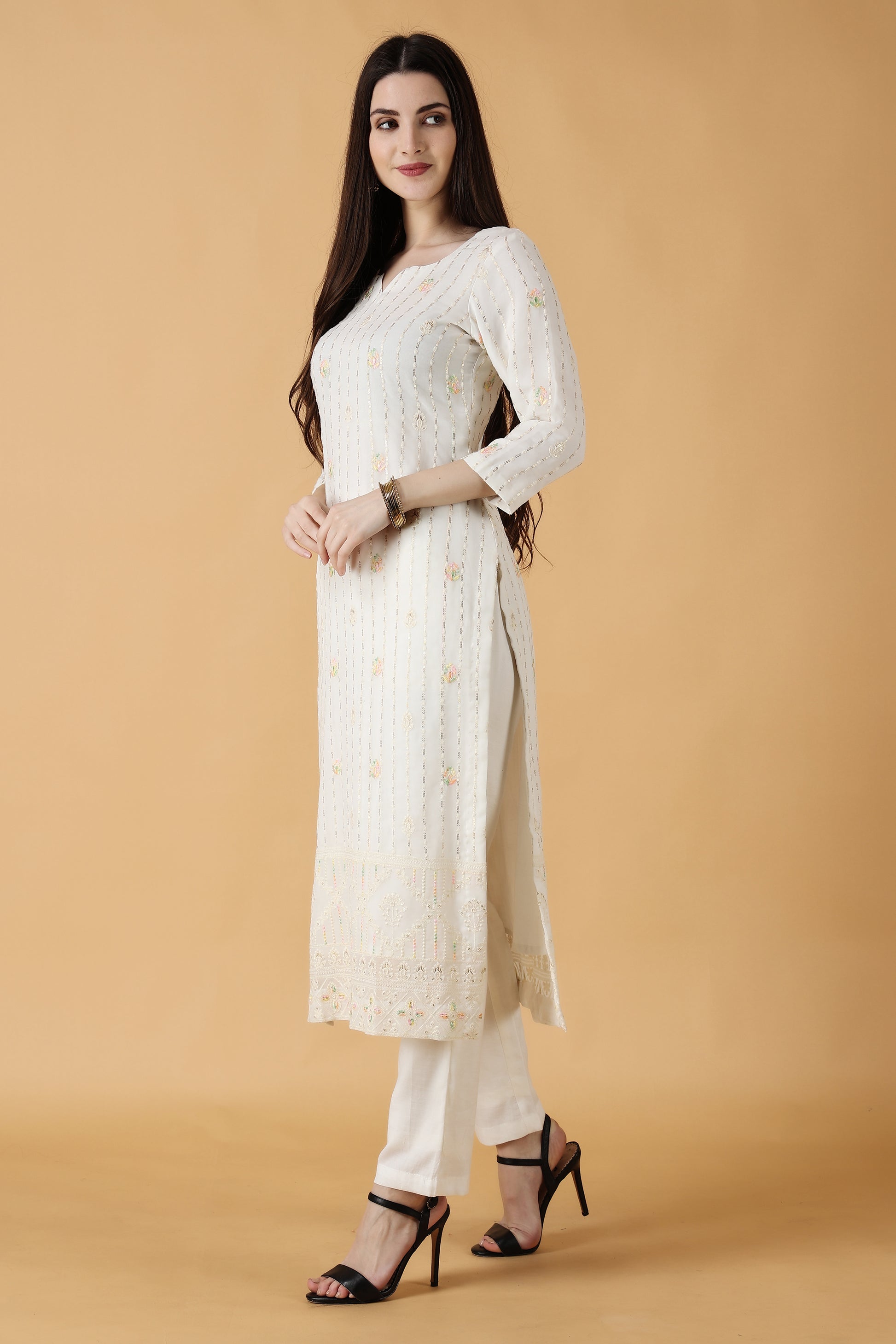 Women's Plus Size White Chikankari party wear kurti set with dupatta | Apella
