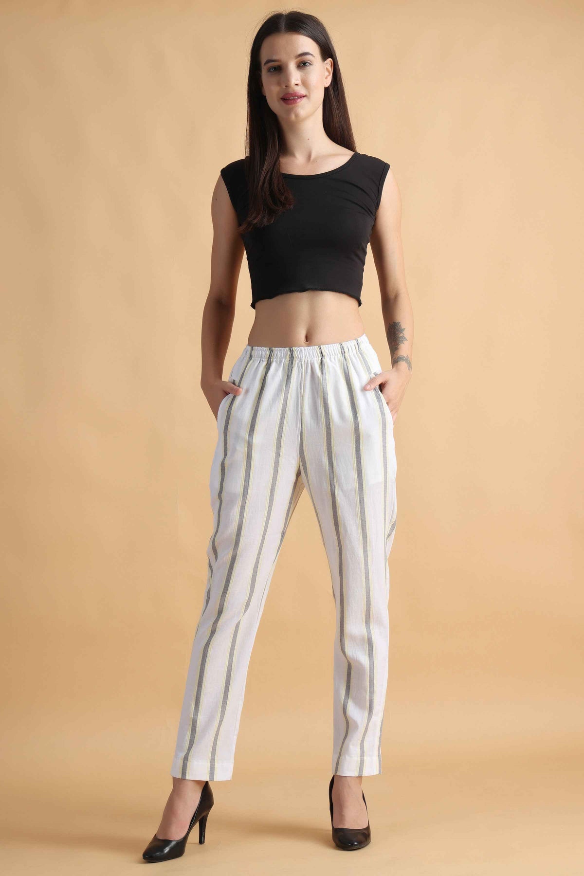 Buy Plus Size ​Pristine White Striped Cotton Pants At Apella | Sizes XS to 10 XL | India | Free Delivery | Customized