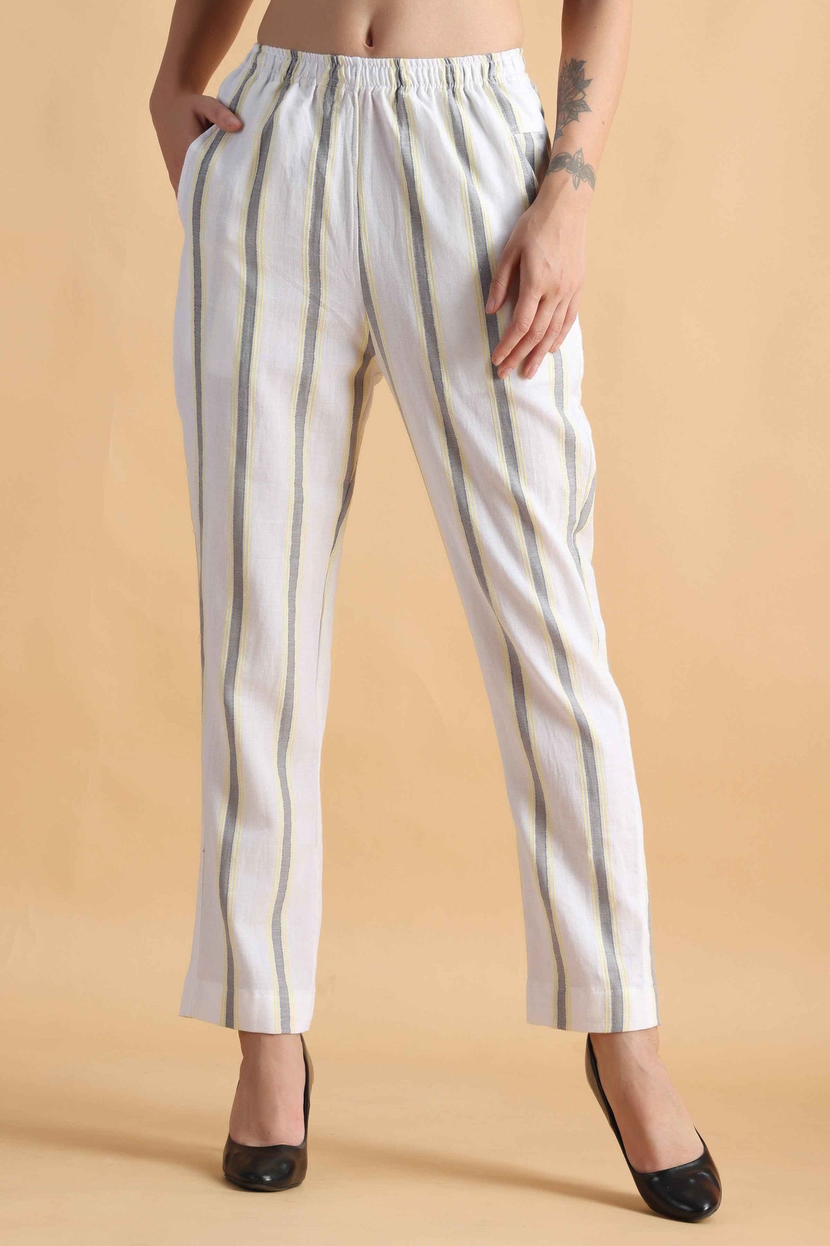 Buy Plus Size ​Pristine White Striped Cotton Pants At Apella | Sizes XS to 10 XL | India | Free Delivery | Customized