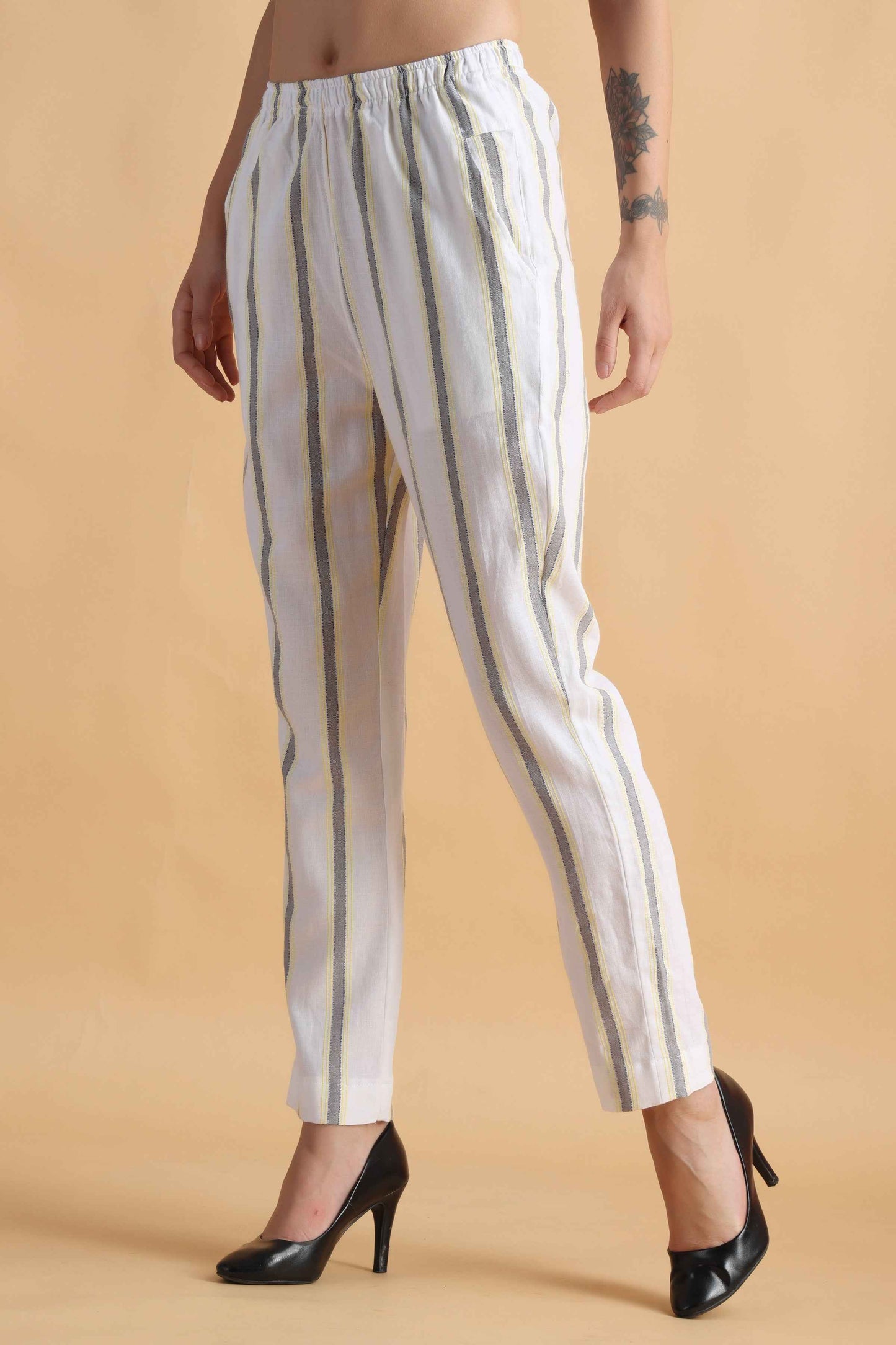 Buy Plus Size ​Pristine White Striped Cotton Pants At Apella | Sizes XS to 10 XL | India | Free Delivery | Customized