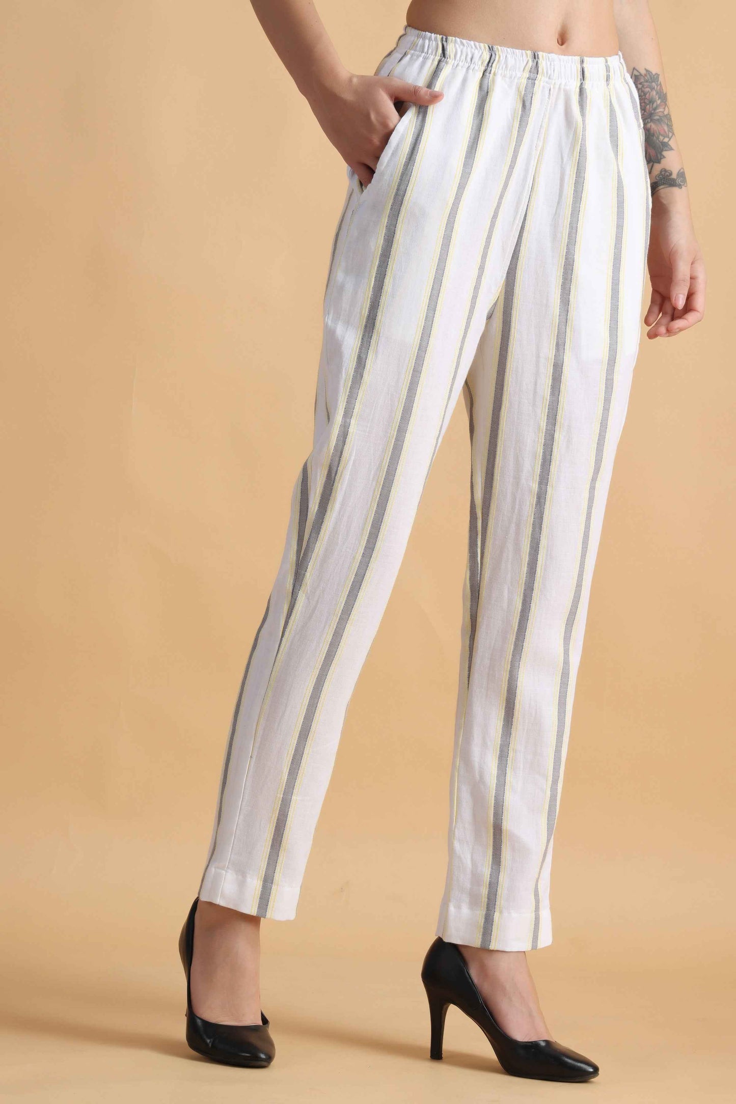 Buy Plus Size ​Pristine White Striped Cotton Pants At Apella | Sizes XS to 10 XL | India | Free Delivery | Customized