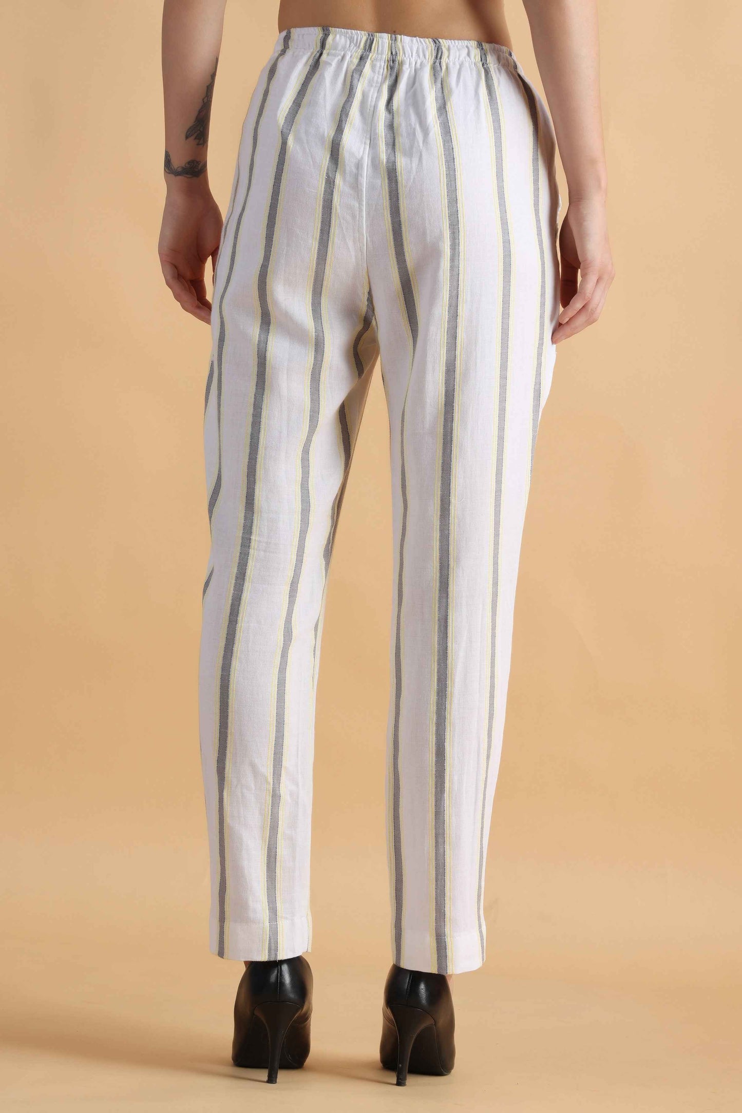 Buy Plus Size ​Pristine White Striped Cotton Pants At Apella | Sizes XS to 10 XL | India | Free Delivery | Customized