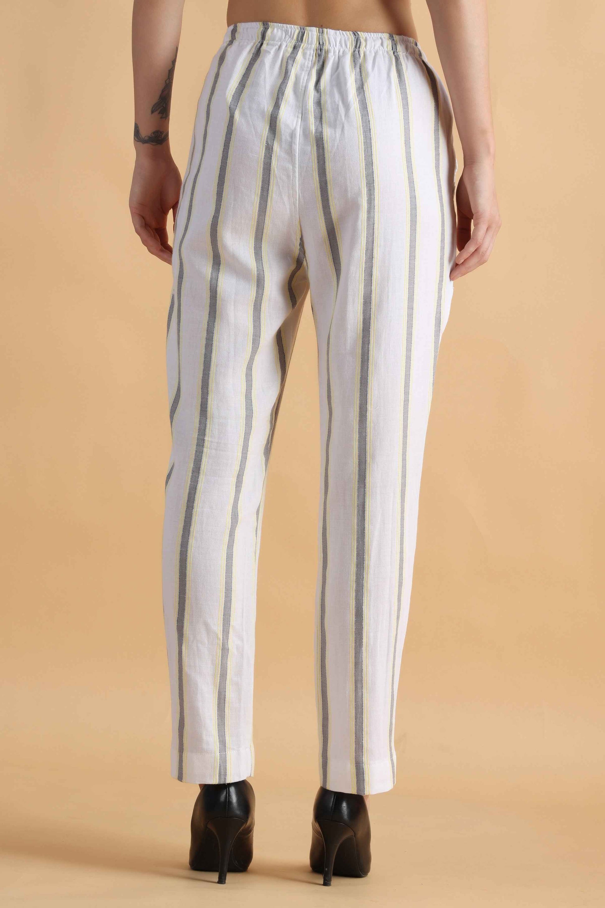 Buy Plus Size ​Pristine White Striped Cotton Pants At Apella | Sizes XS to 10 XL | India | Free Delivery | Customized