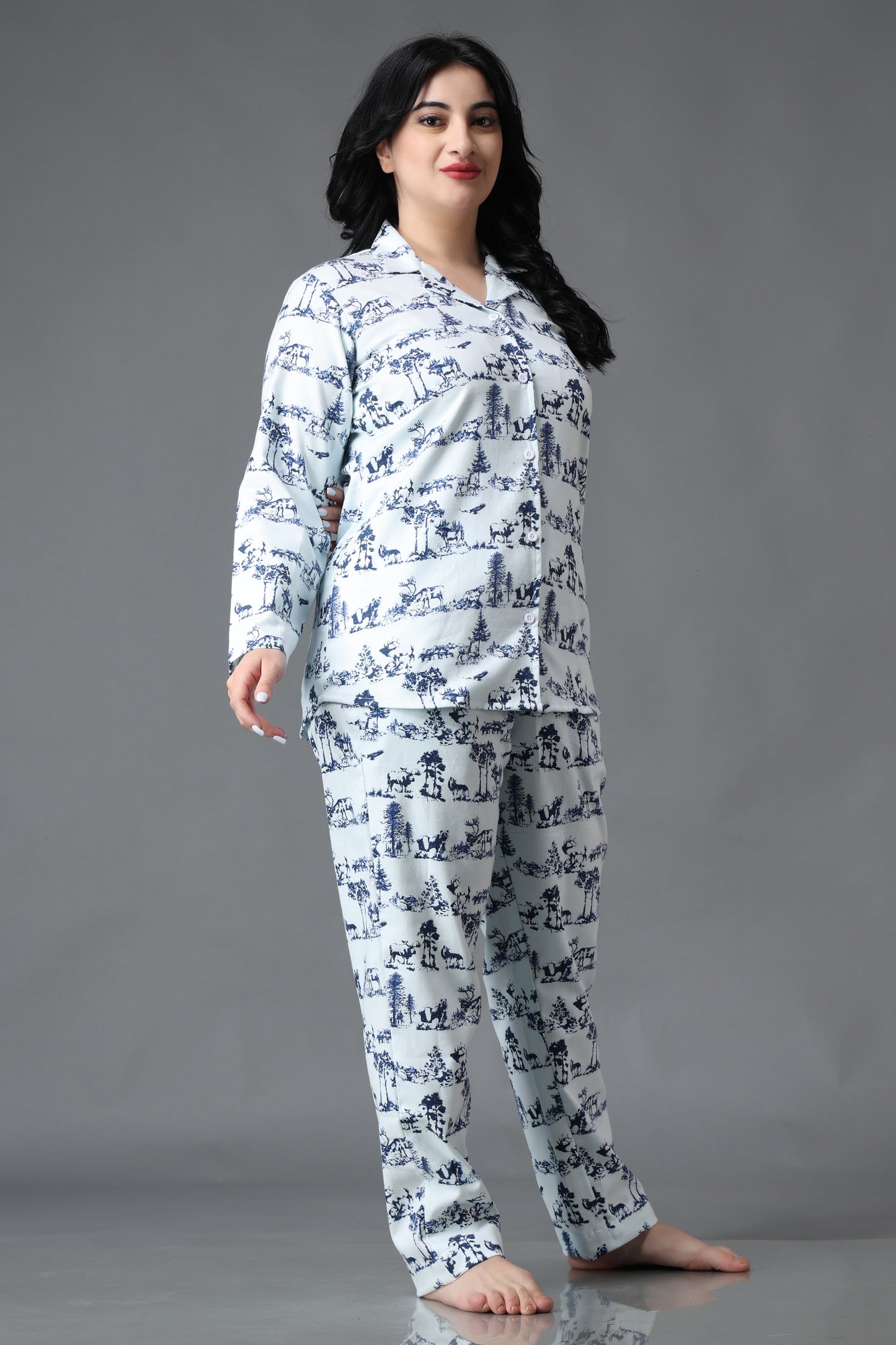 Women Plus Size White Printed Woollen Night Suit