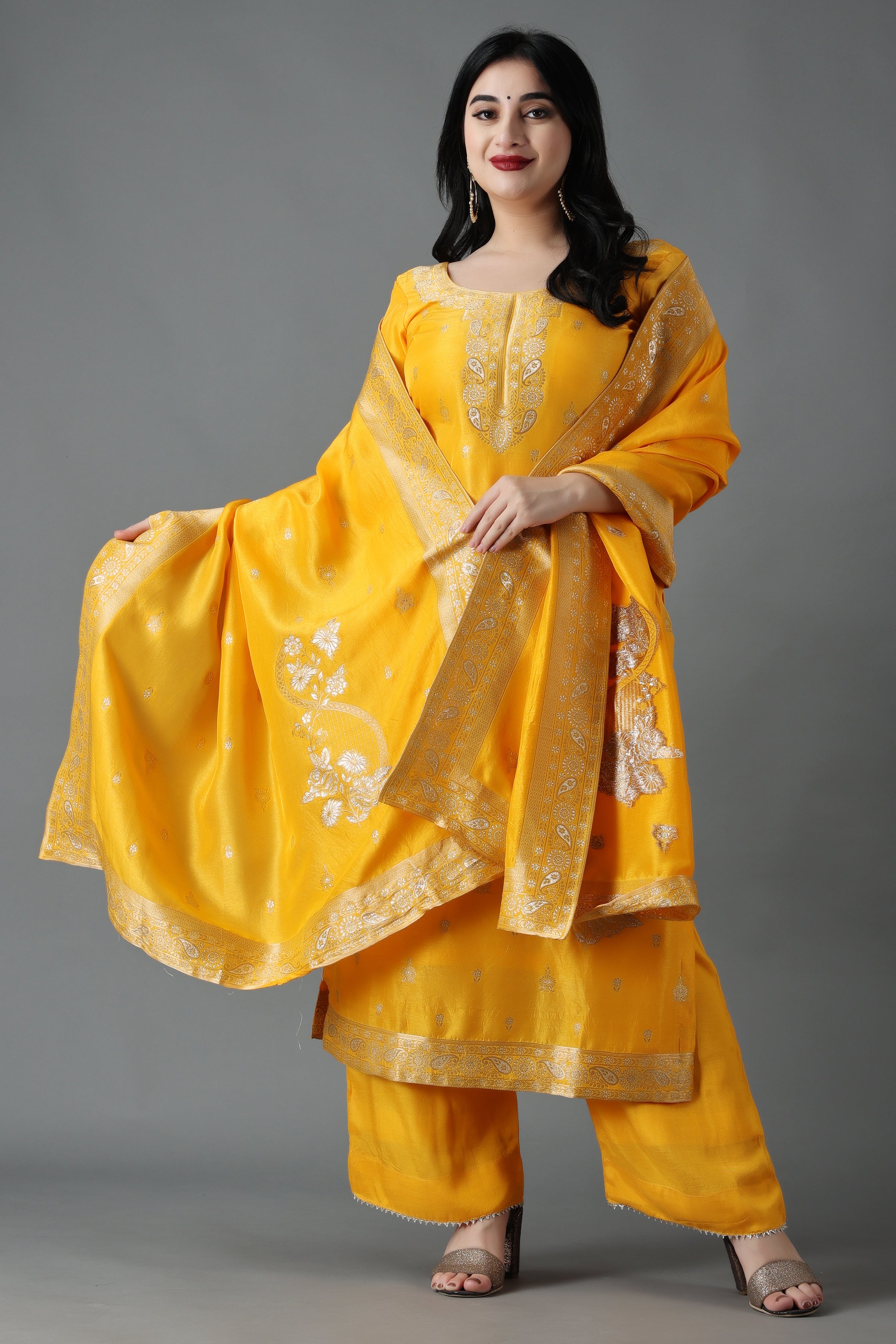 Georgette Stone Work Yellow Color Evening Party Wear Palazzo Suit  -5257160773 | Heenastyle