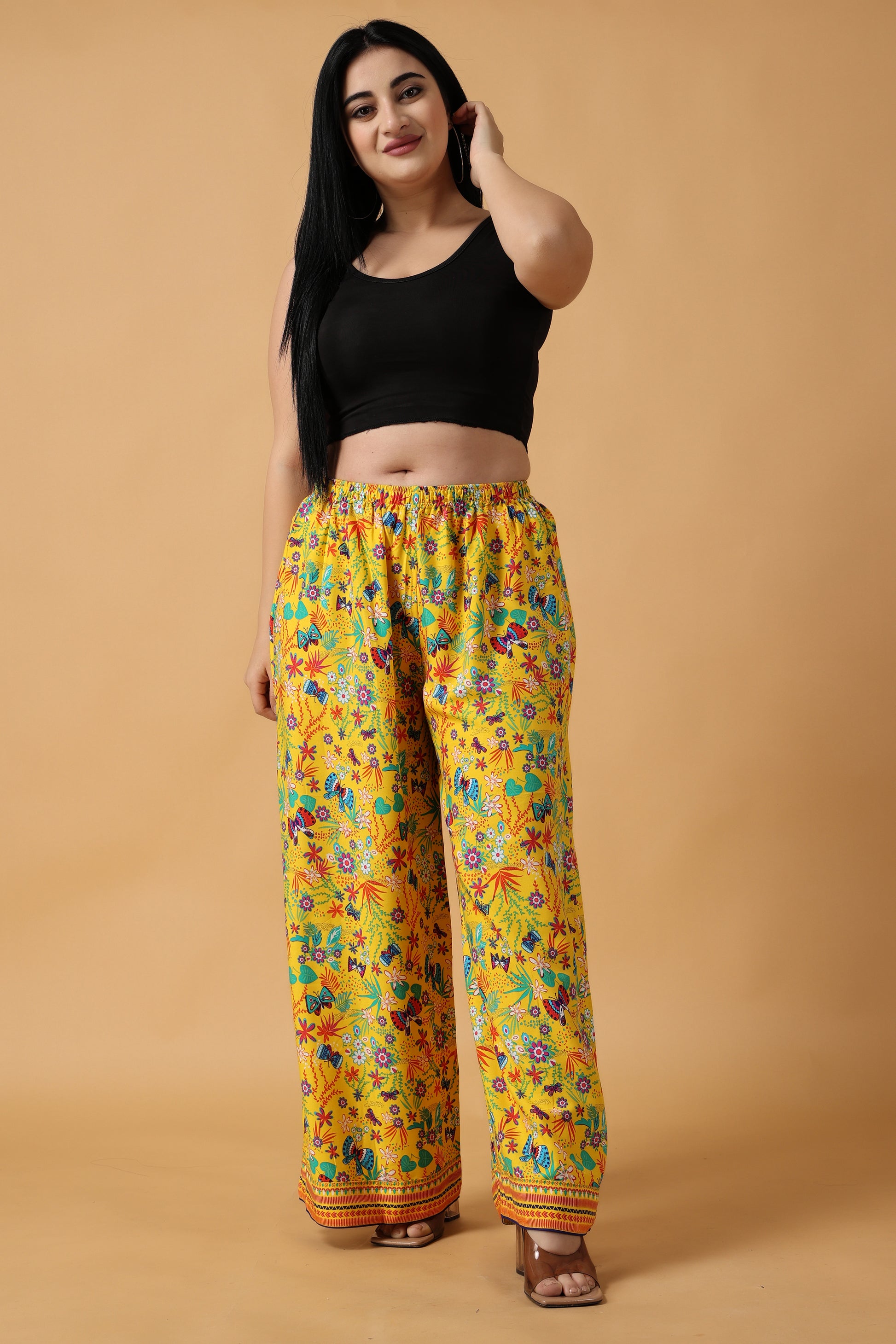 Women Plus Size Yellow Printed Rayon palazzo pants| Apella