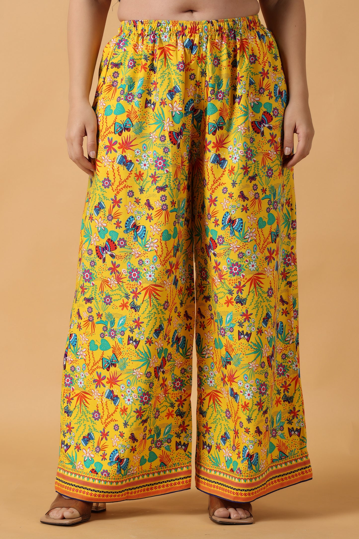 Women Plus Size  Yellow Printed Rayon palazzo pants| Apella