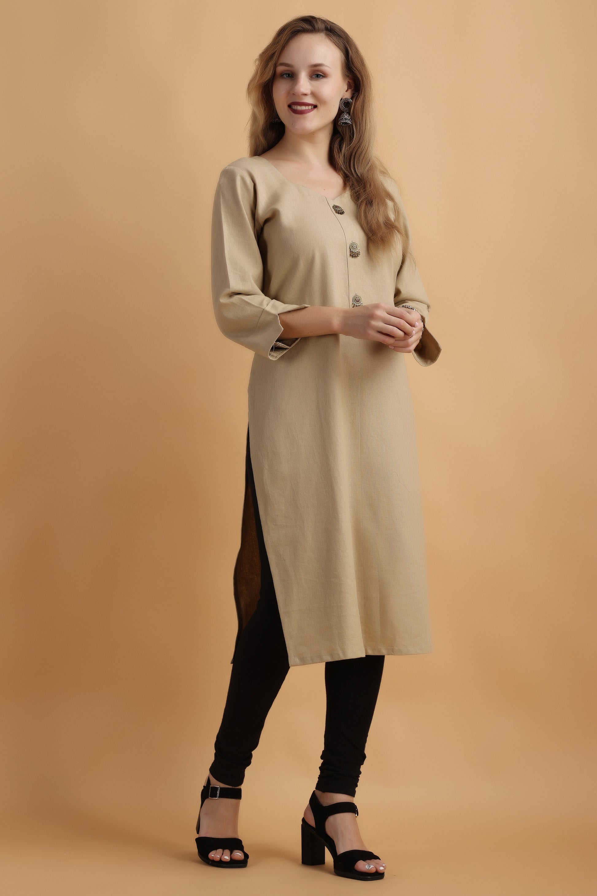 Women's Plus Size Beige Cotton cotton kurti pant set | Apella