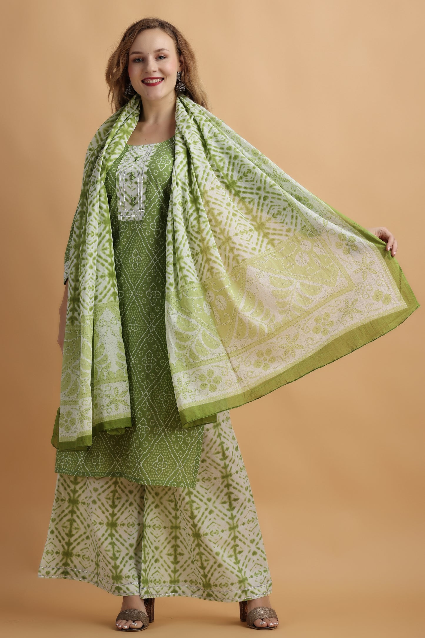 Women's Plus Size Green printed palazzo set with dupatta | Apella