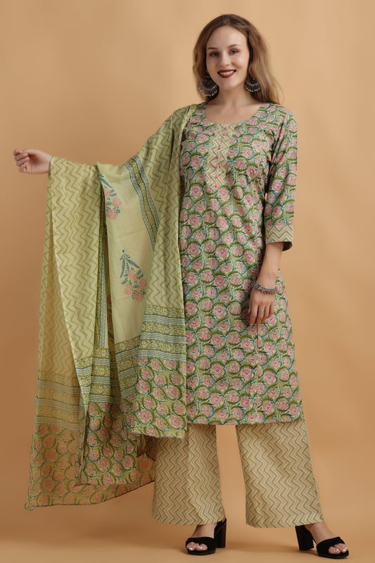 Women's Plus Size Green Printed  kurti pant set with dupatta | Apella  Apella