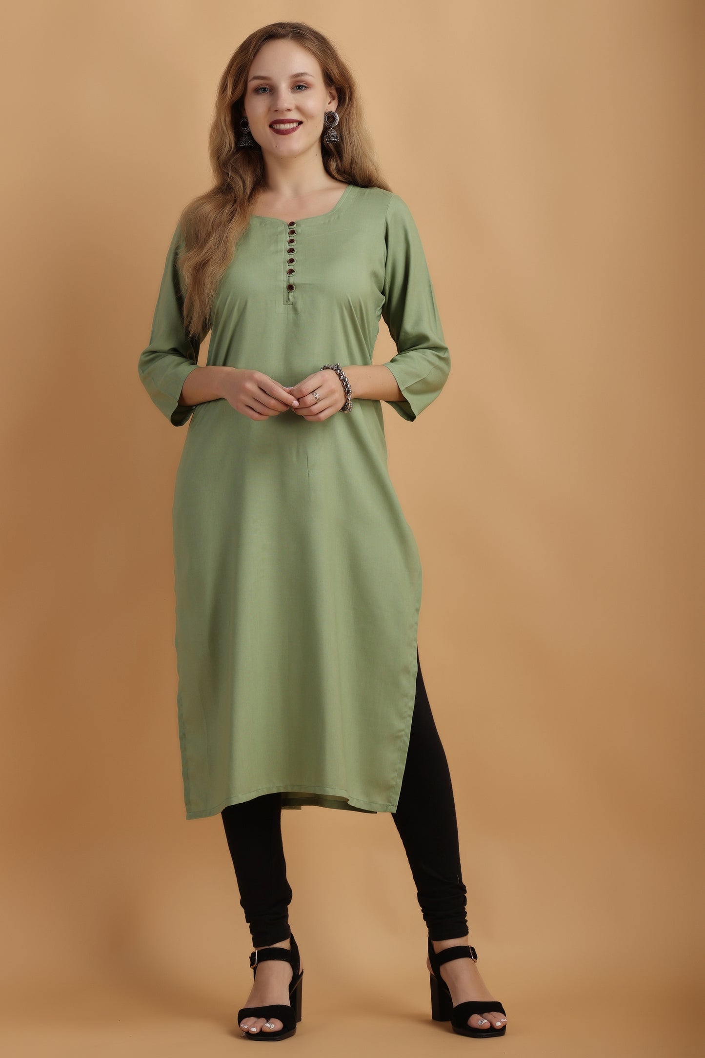 Women's Plus Size Pista Green Rayon kurti palazzo set  | Apella