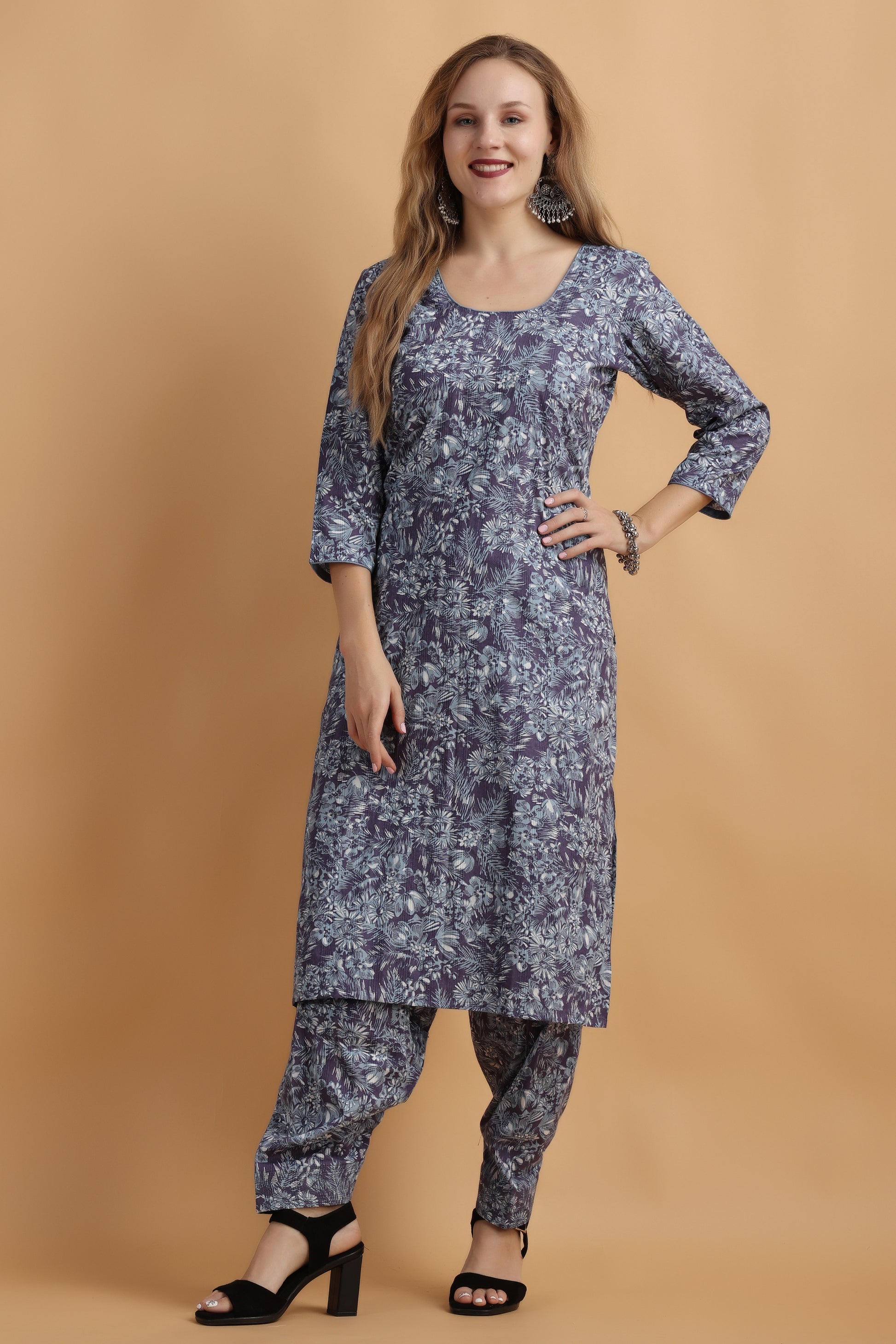 Women Plus Size Blue Printed simple salwar suit with Dupatta | Apella