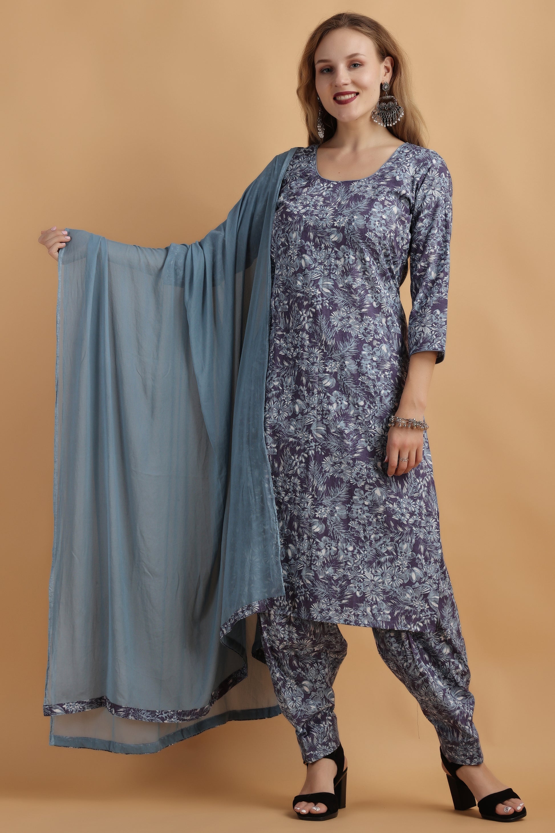 Women Plus Size Blue Printed simple salwar suit with Dupatta  | Apella 
