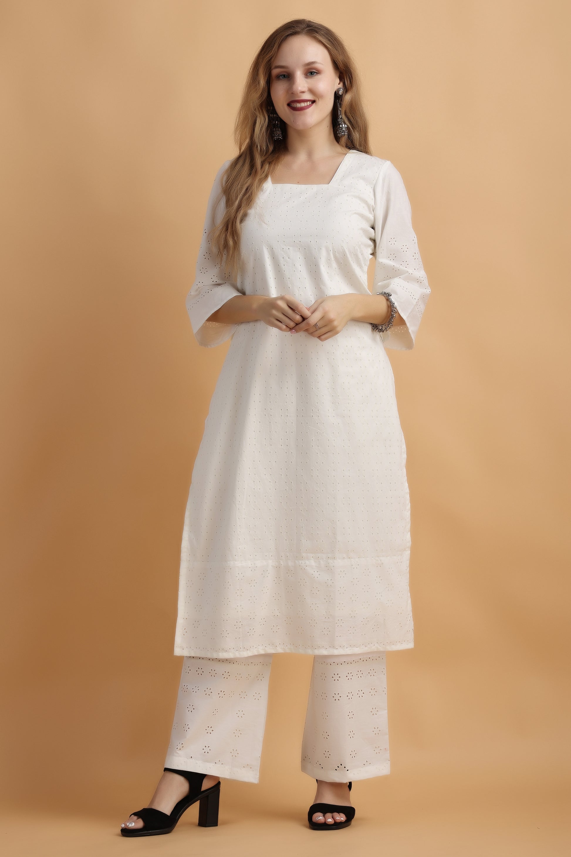 Women's Plus Size White Chikankari kurti with palazzo With Dupatta | Apella