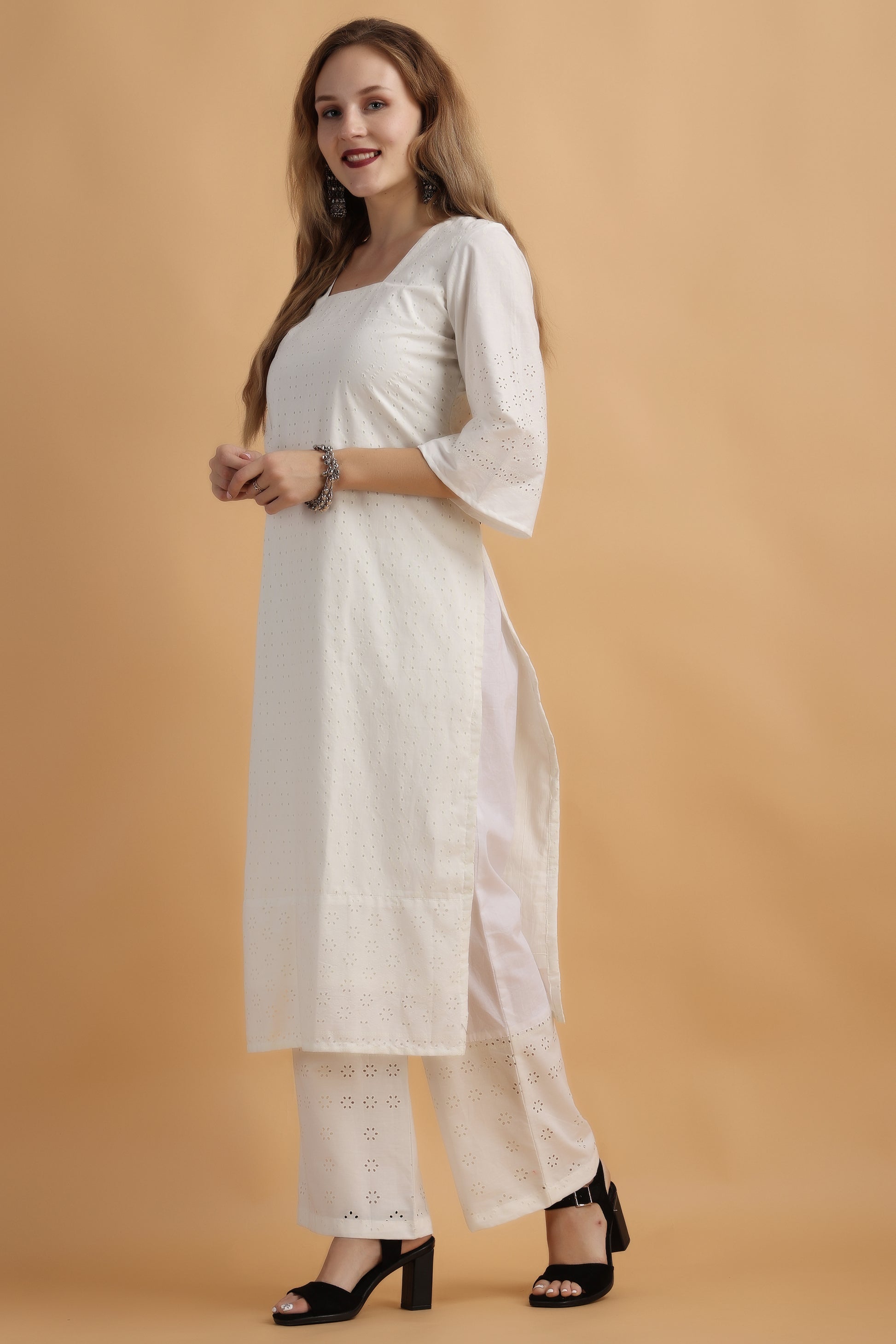 Women's Plus Size White Chikankari kurti with palazzo With Dupatta | Apella