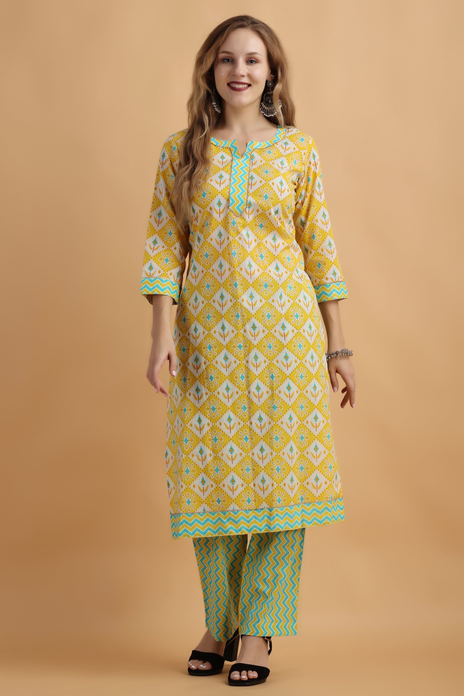 Women's Plus Size Yellow Printed kurti with dupatta set | Apella