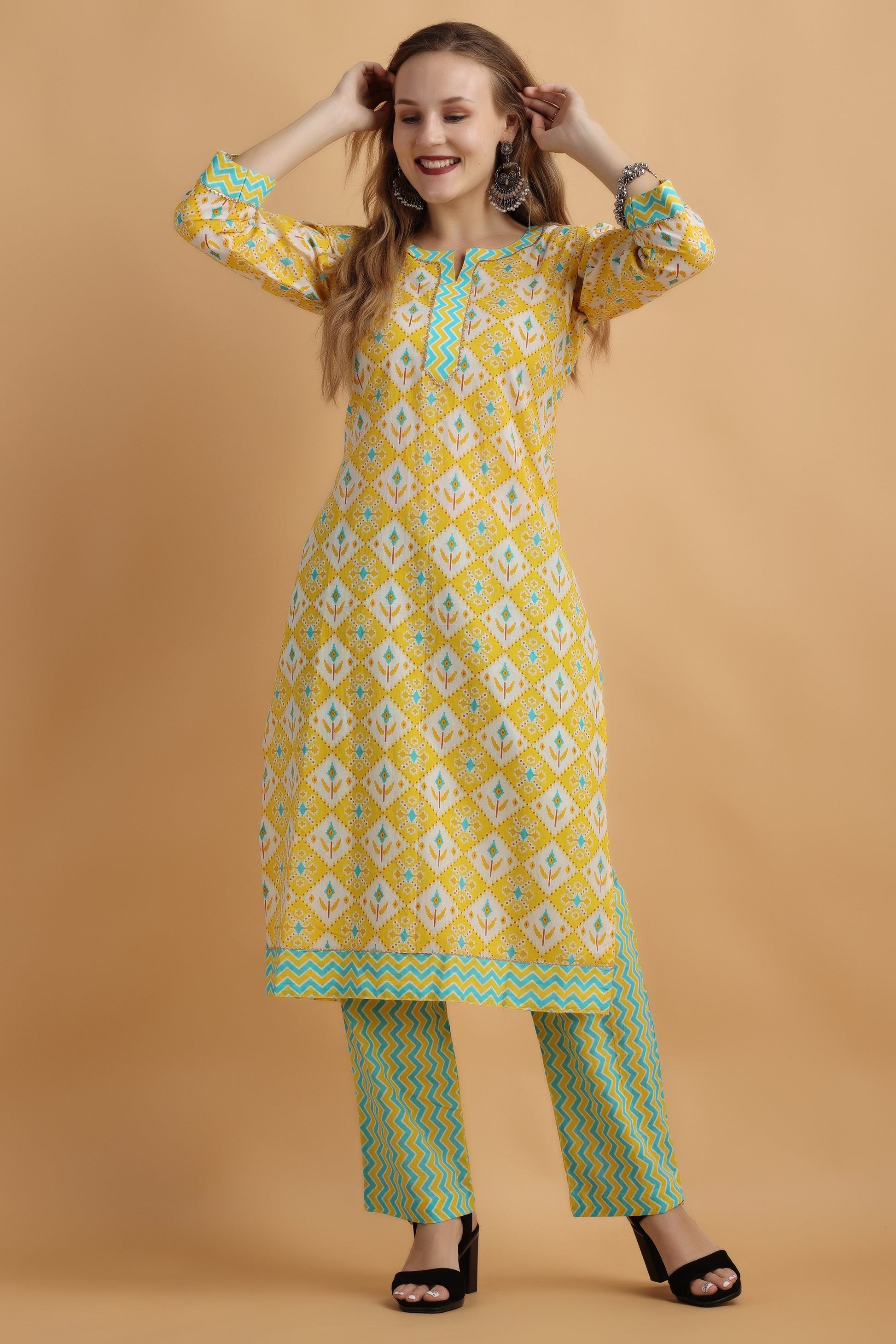 Women's Plus Size Yellow Printed kurti with dupatta set | Apella