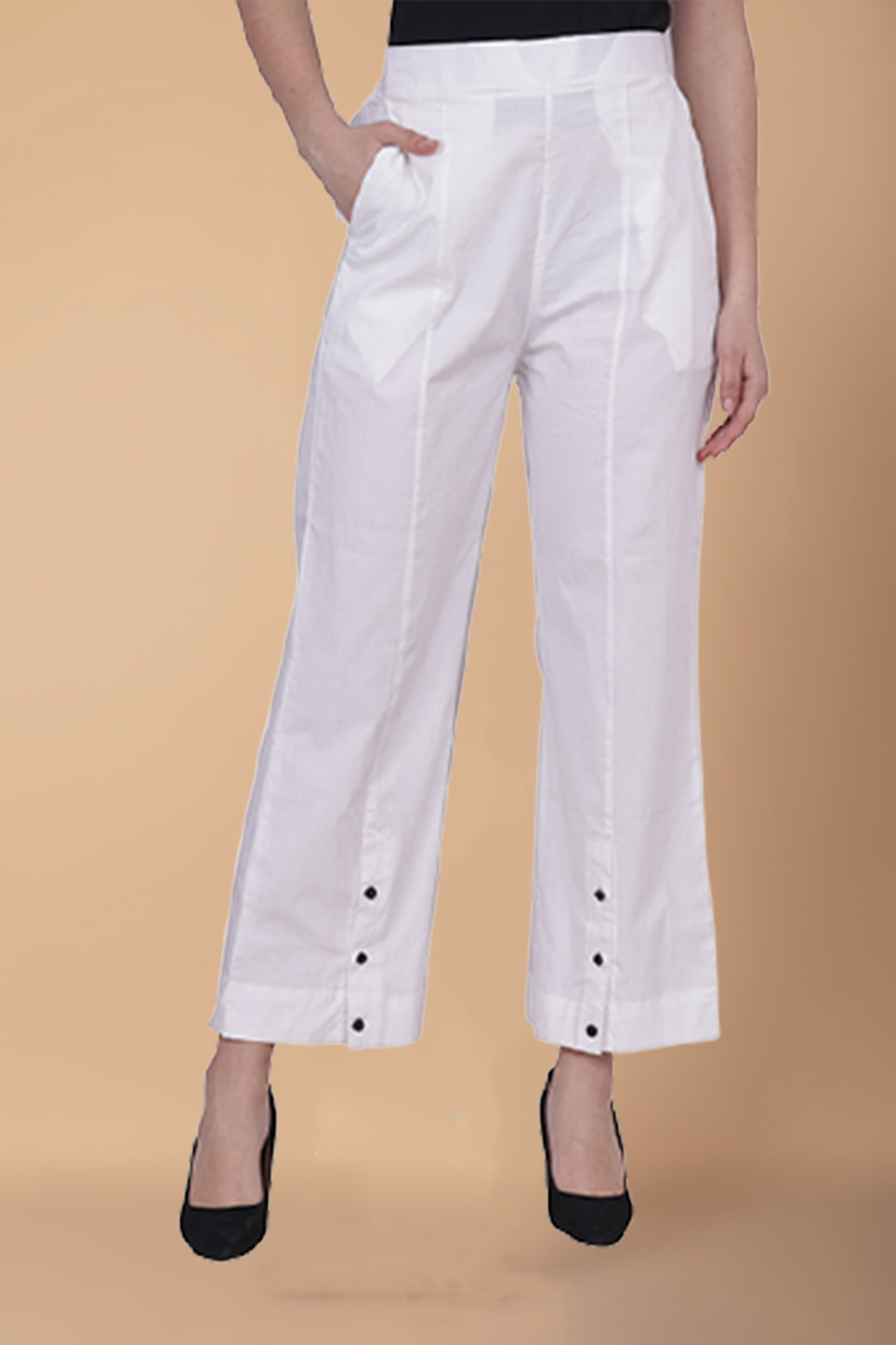 Women Plus Size White Cotton Buttoned Pant Palazzo- Apella