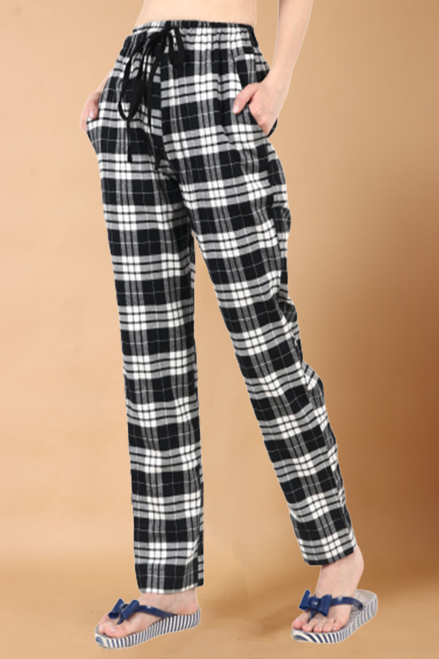 Women Plus Size Black Grid Brushed Cotton Winter Pajama