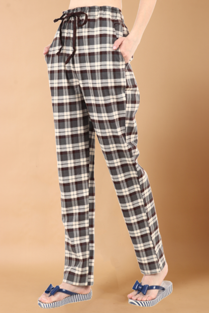 Women Plus Size Brushed Cotton Brown Checked Pajama Winter