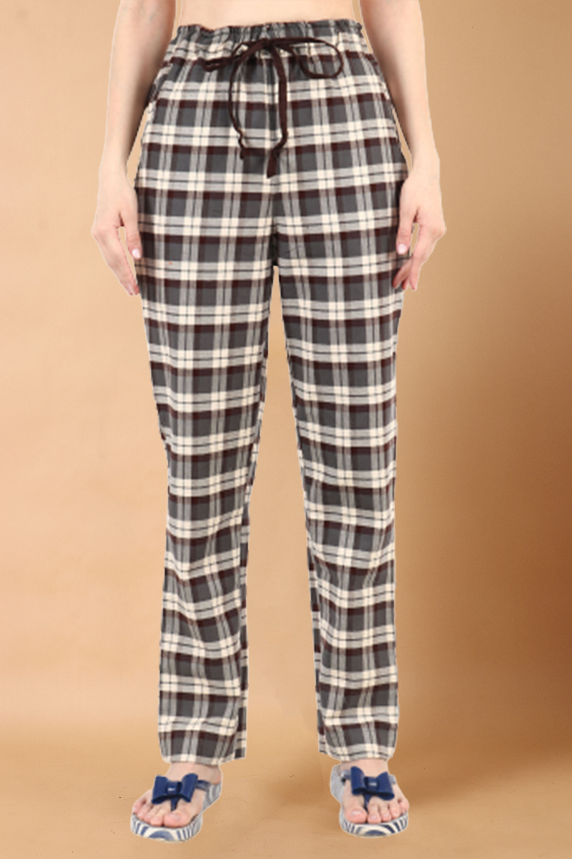 Women Plus Size Brushed Cotton Brown Checked Pajama Winter