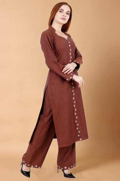 Buy Plus Size ​Brown Detailed Woollen Kurta At Apella | Sizes XS to 10 XL | India | Free Delivery | Customized