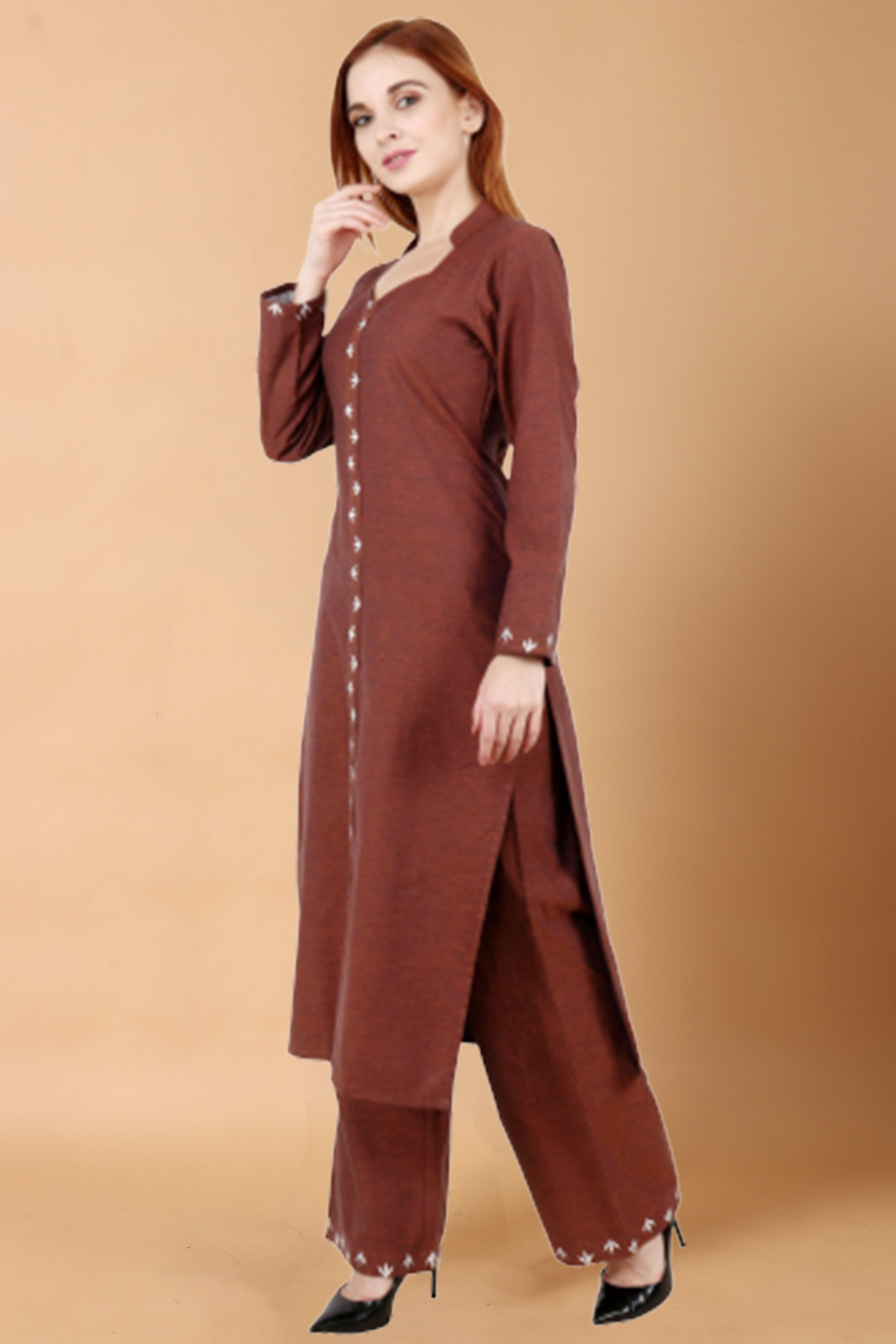 Women Plus Size Brown Detailed Woollen Kurta Winte