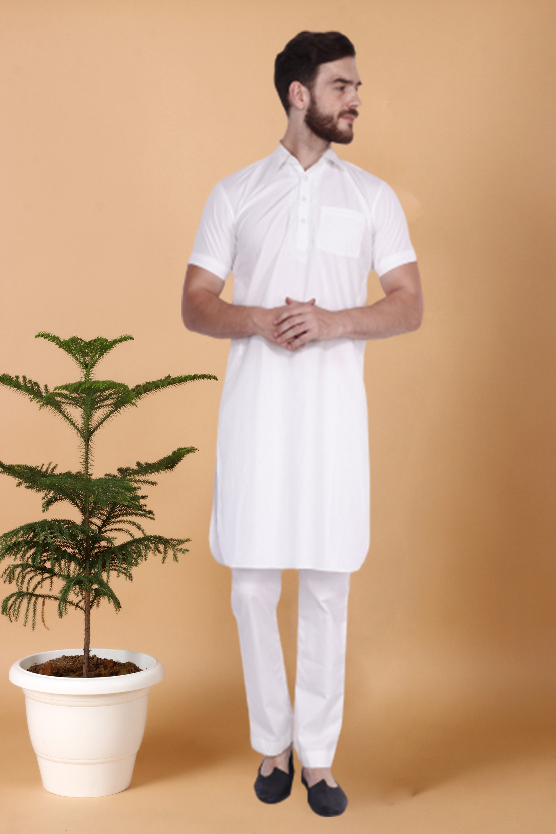 Men's Plus Size White Cotton Half Sleeve   Kurta | Apella