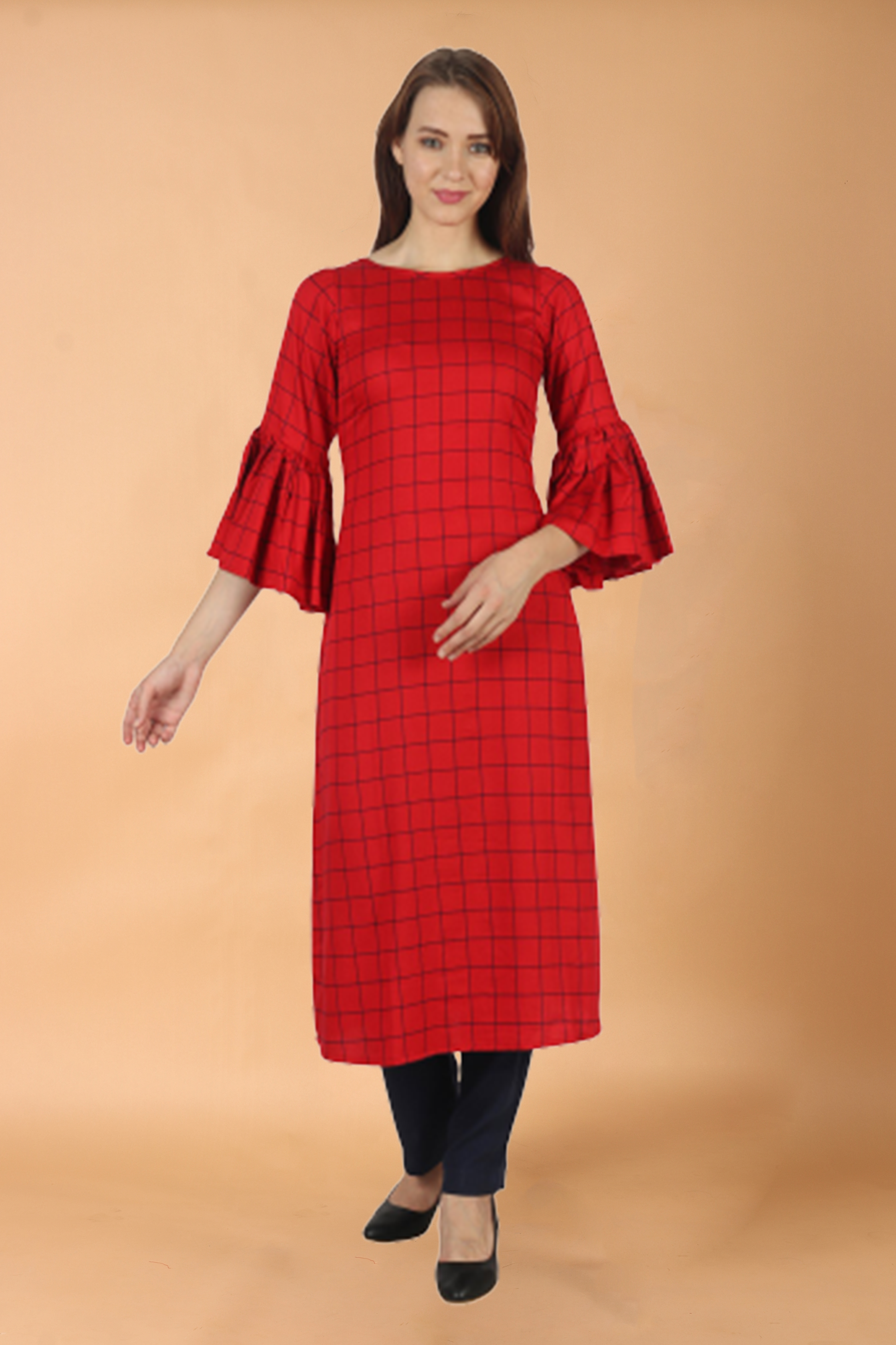 Women Plus Size Red  Frilled Rayon Kurta | Apella