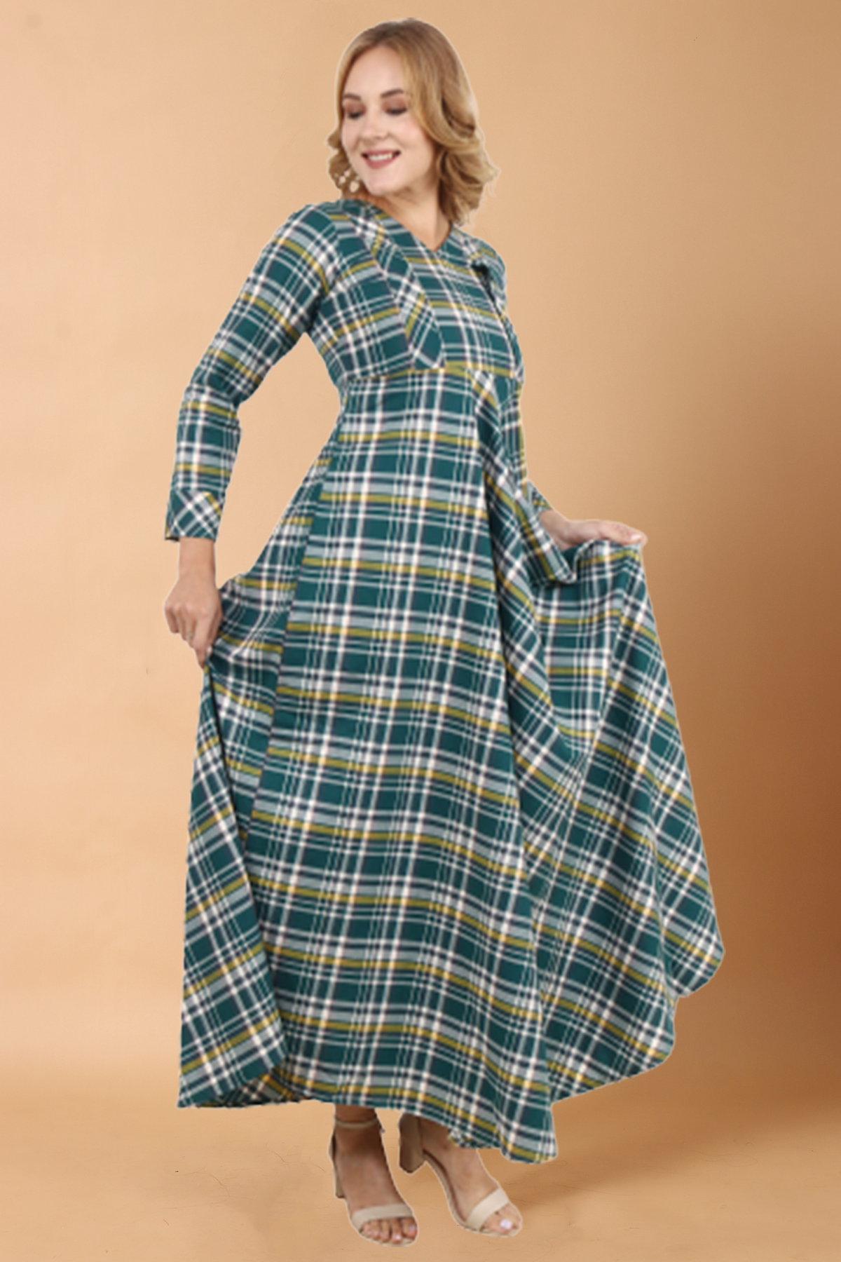 Buy Plus Size ​Green Check Woollen Dress At Apella | Sizes XS to 10 XL | India | Free Delivery | Customized