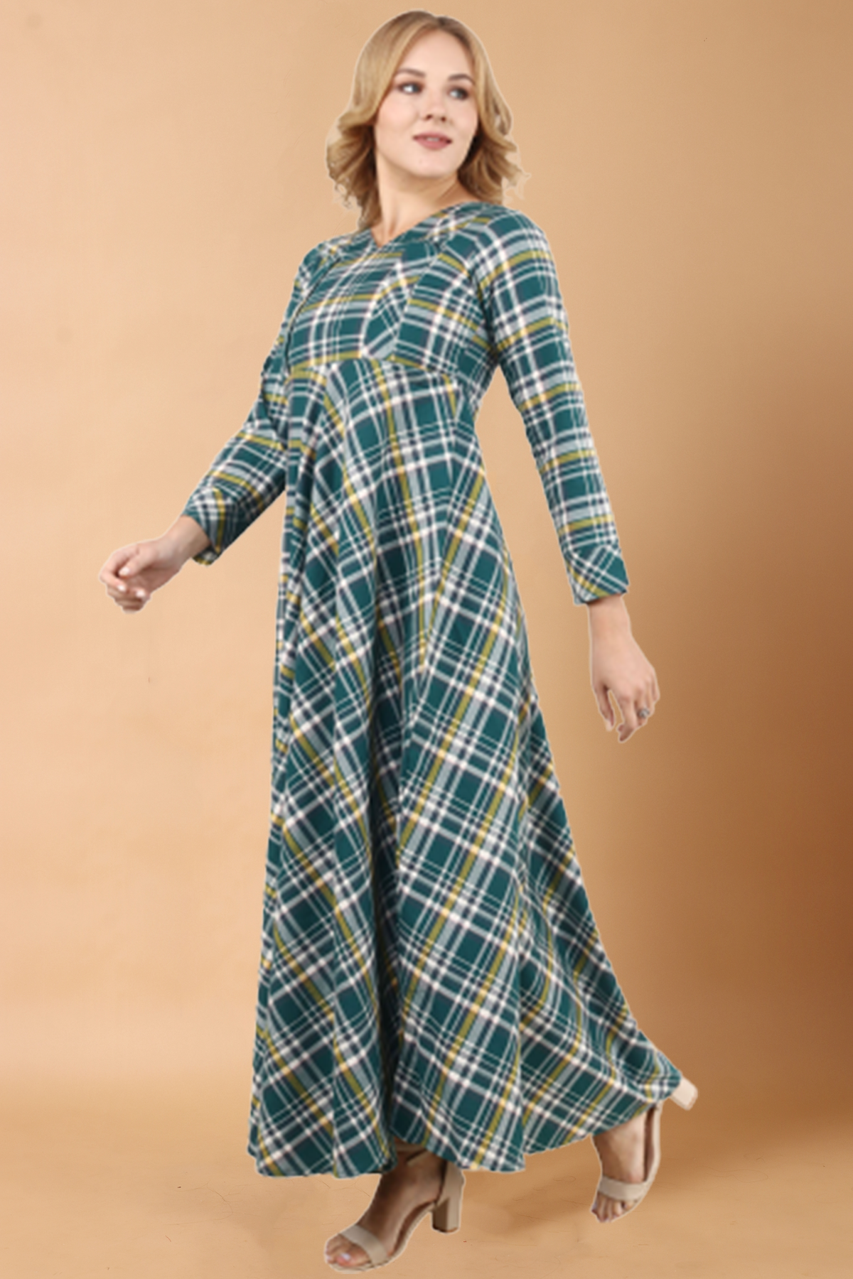 Buy Plus Size ​Green Check Woollen Dress At Apella | Sizes XS to 10 XL | India | Free Delivery | Customized