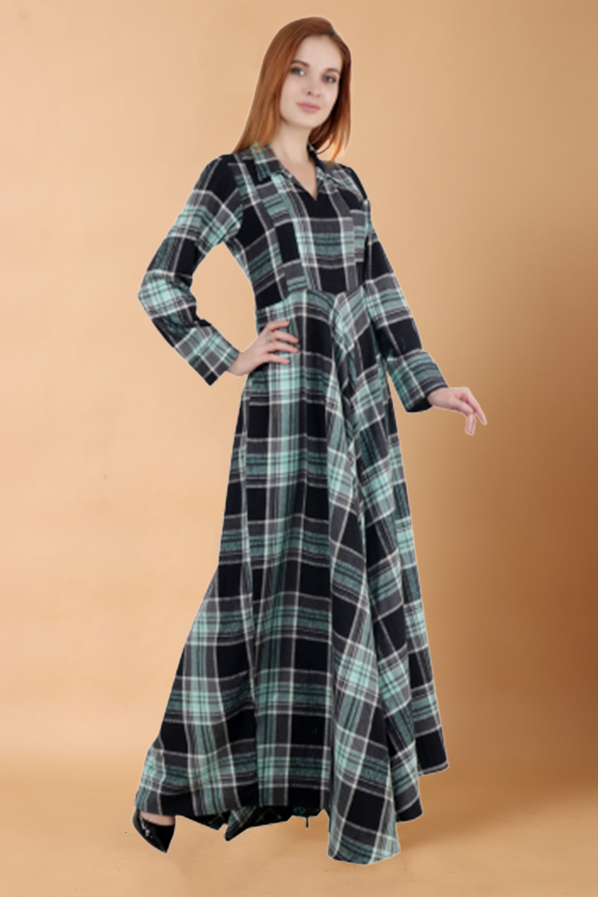 Green Checked Woollen Dress | Apella.