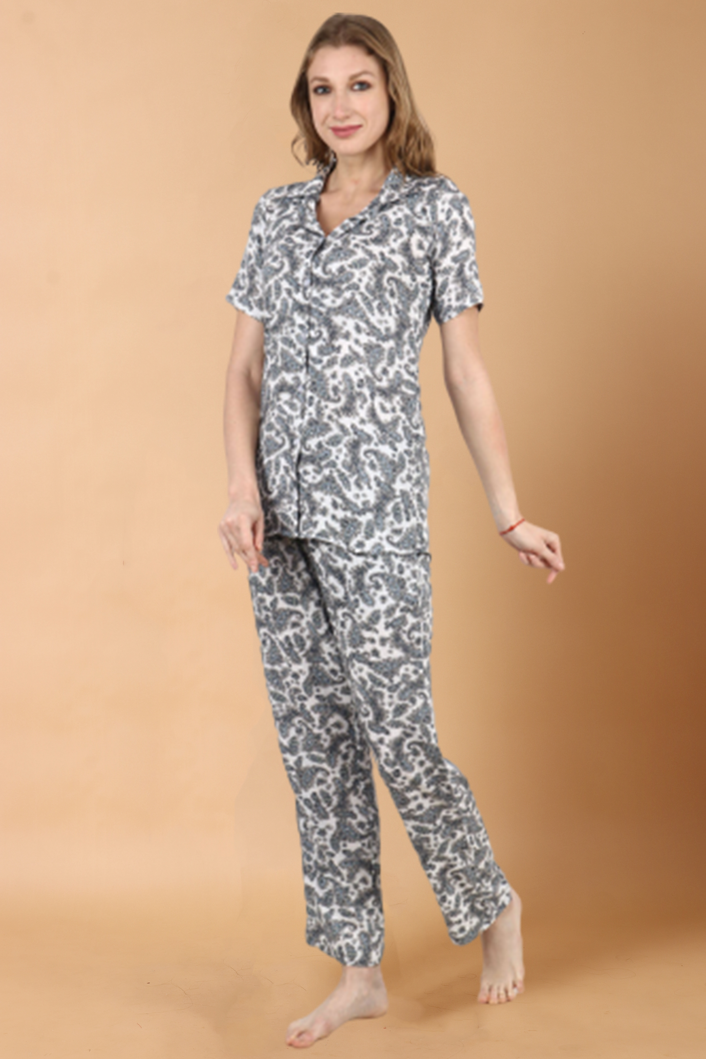 Women Plus Size Grey Printed Rayon Collar Lounge & Night Suit | Apella