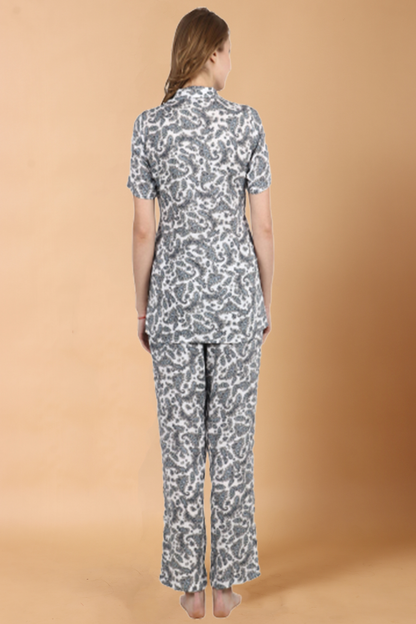 Grey Printed Rayon Night Suit | Apella.