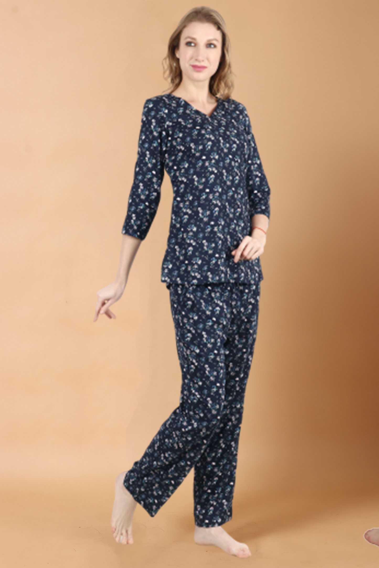 Women Plus Size Navy Blue Rayon Floral Night & Lounge Wear Suit | Apella