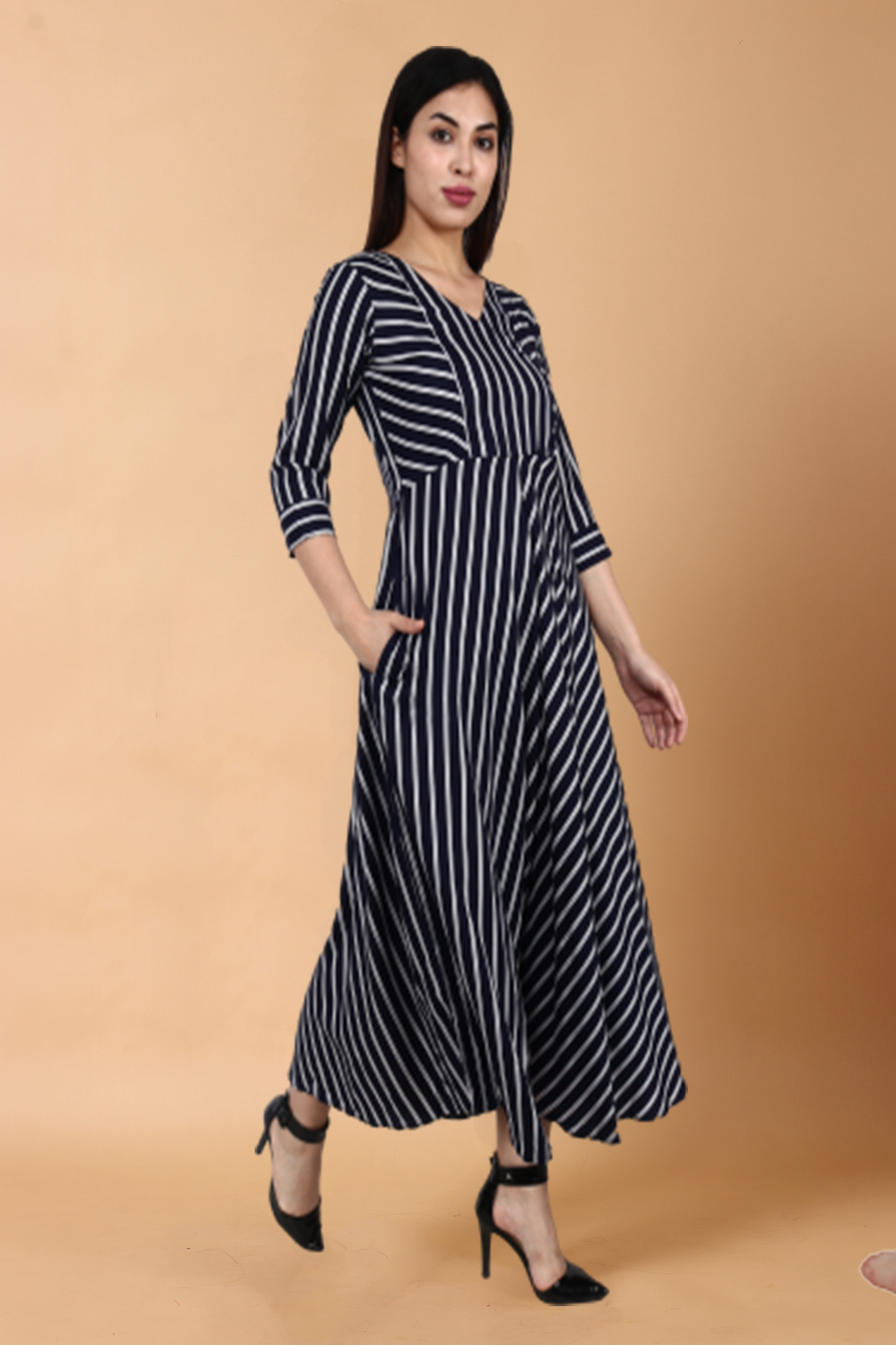 Navy Striped Rayon Dress | Apella.