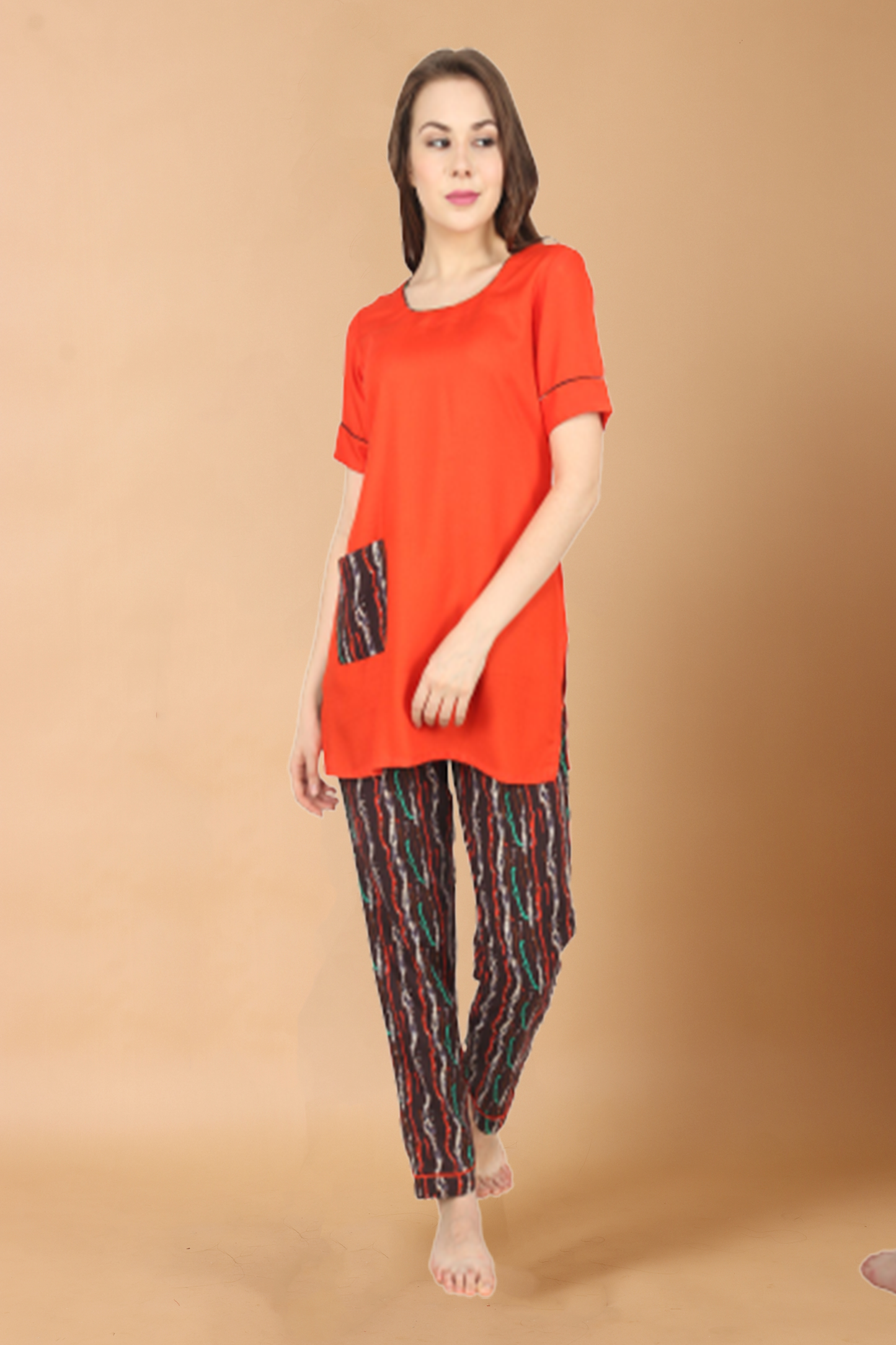 Women Plus Size Orange  Striped Rayon Night Suit | Apella