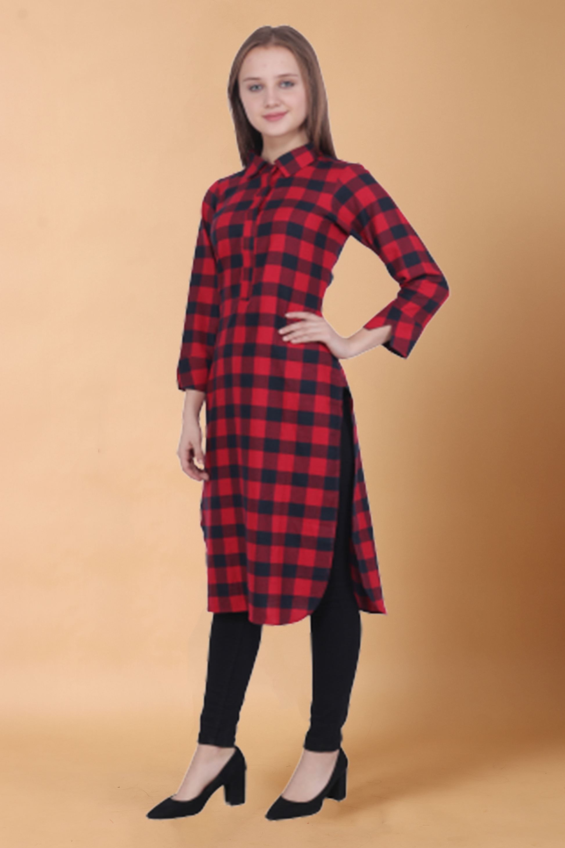 Buy Plus Size ​Red Grid Woollen Kurti At Apella | Sizes XS to 10 XL | India | Free Delivery | Customized