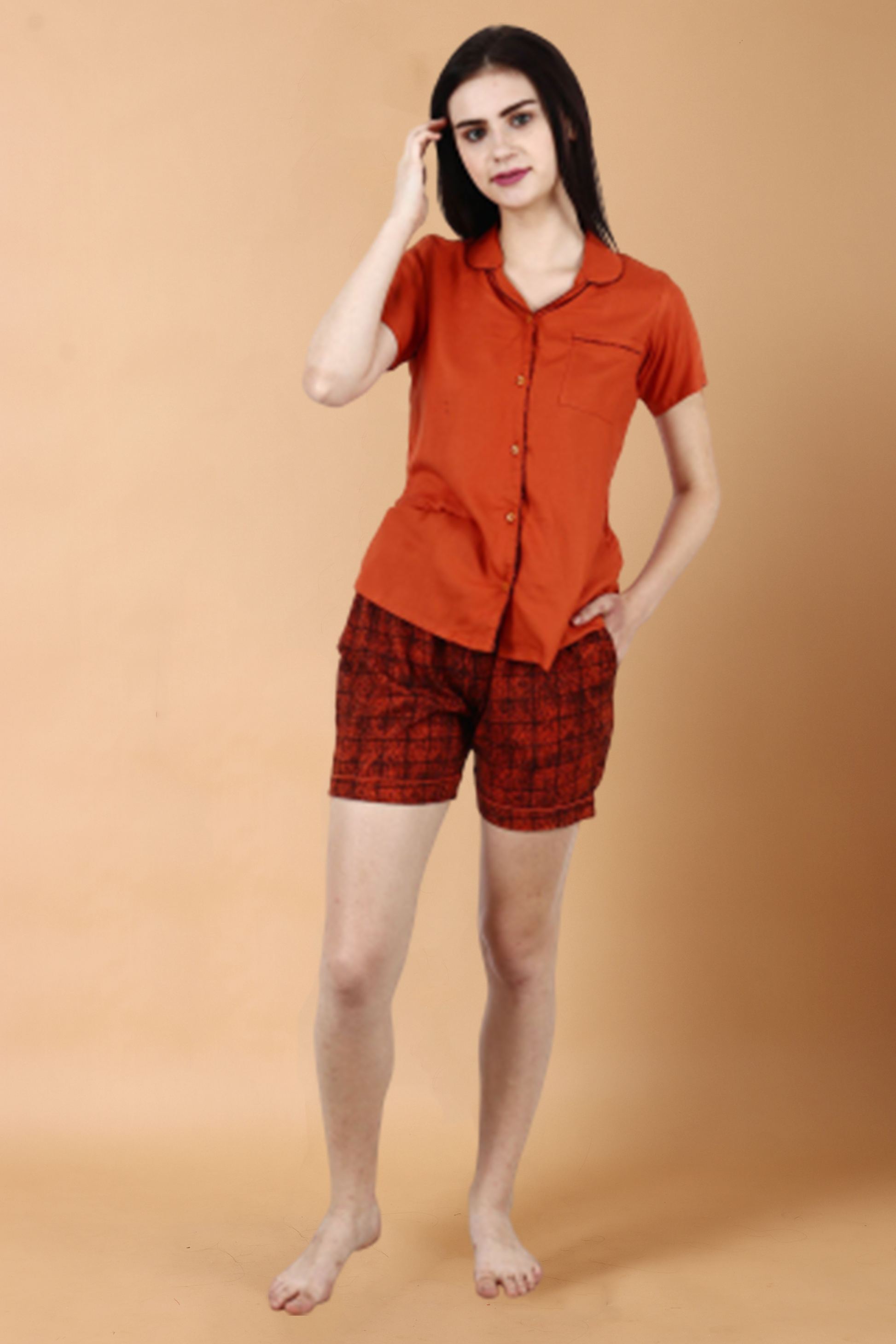 Women Plus Size Rust Rayon  Printed Night Shorts Suit | Apella