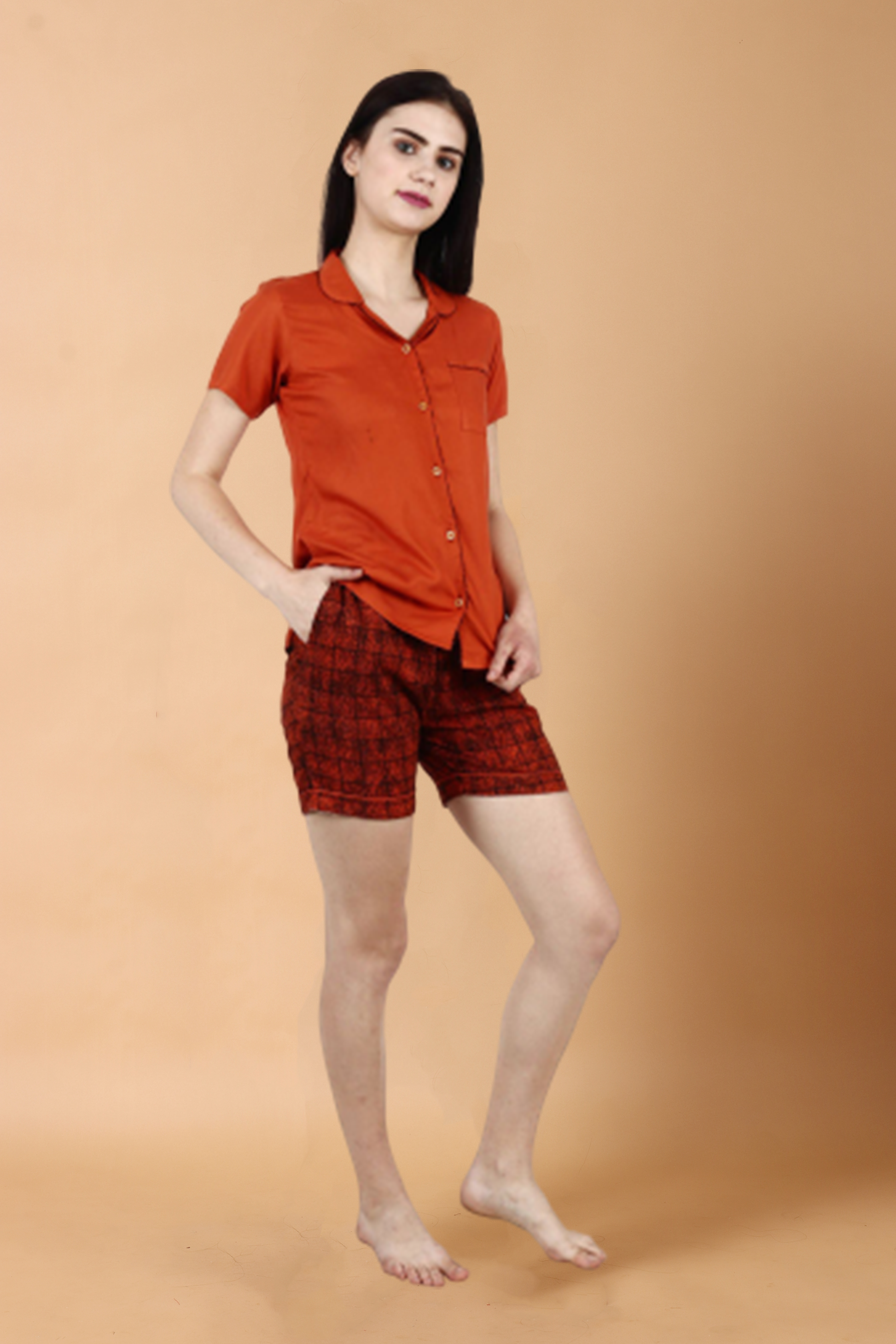Rust Grid Printed Shorts Suit | Apella.