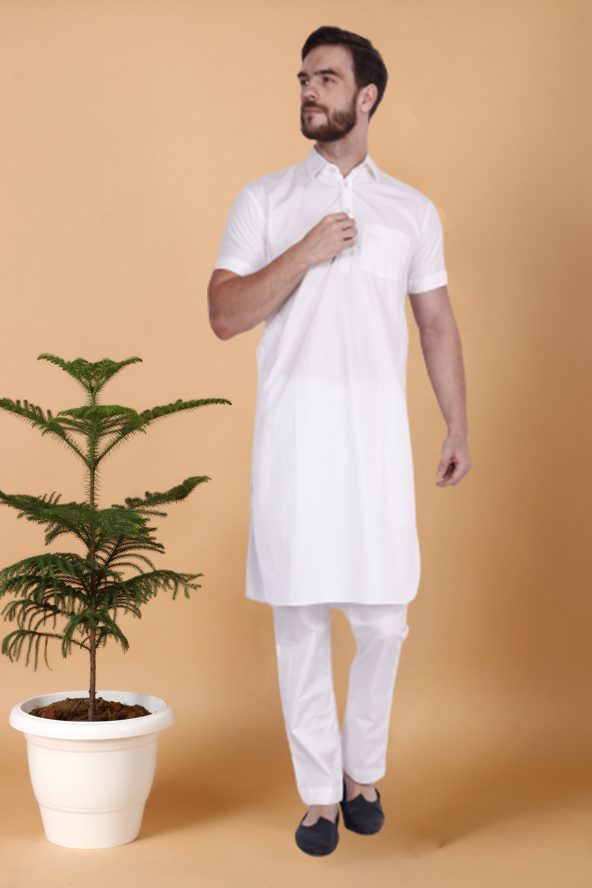 Men's Plus Size White Cotton Half Sleeved Kurta Pajama | Apella