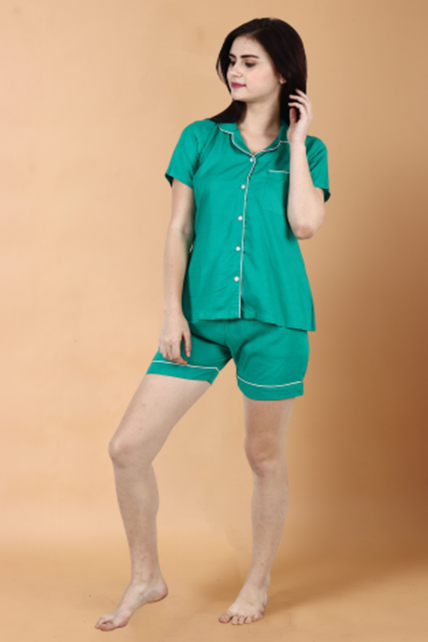 Women Plus Size Solid Green Rayon Night Shorts Suit | Apella