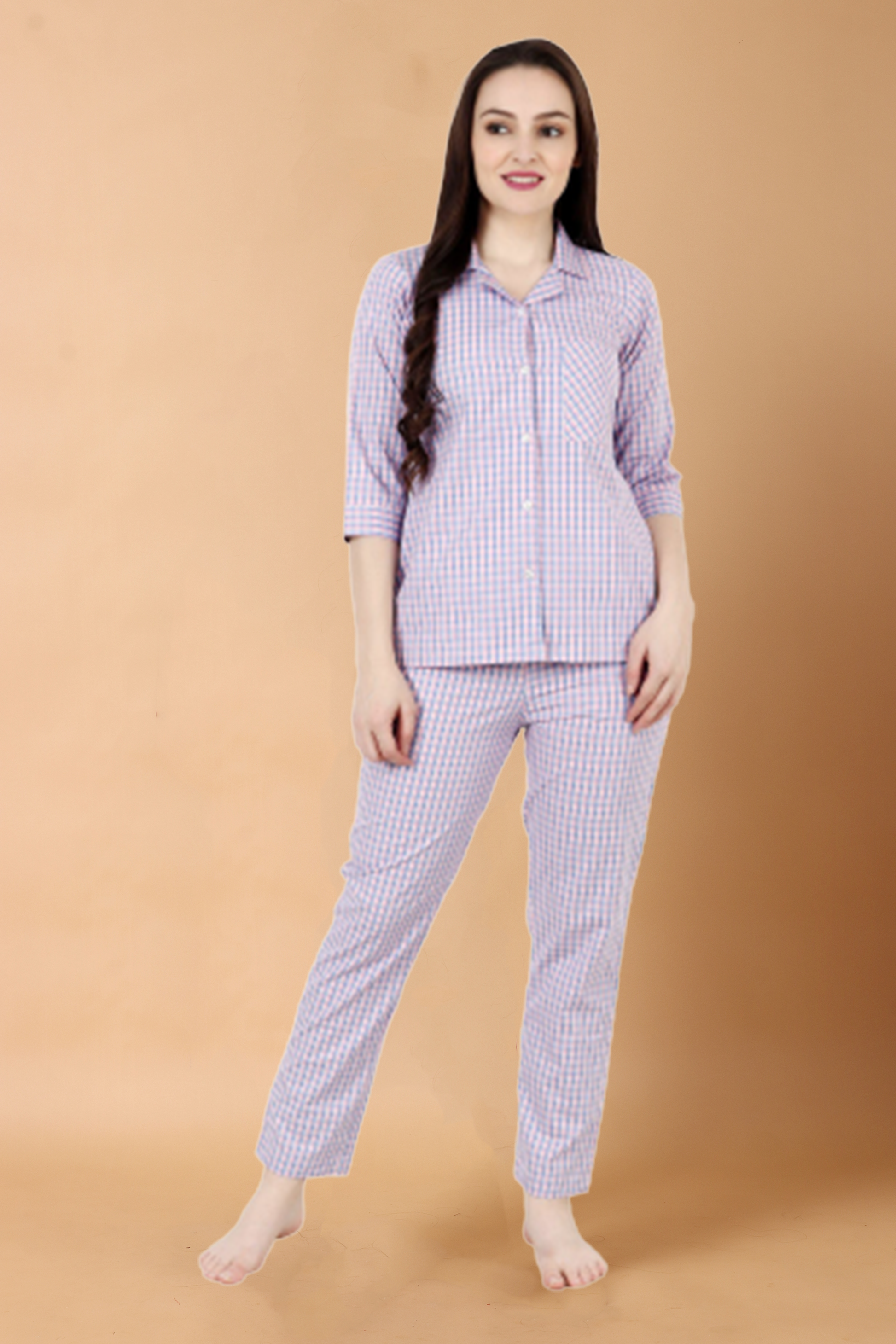 Women Plus Size Violet Cotton Checked Night Suit | Apella
